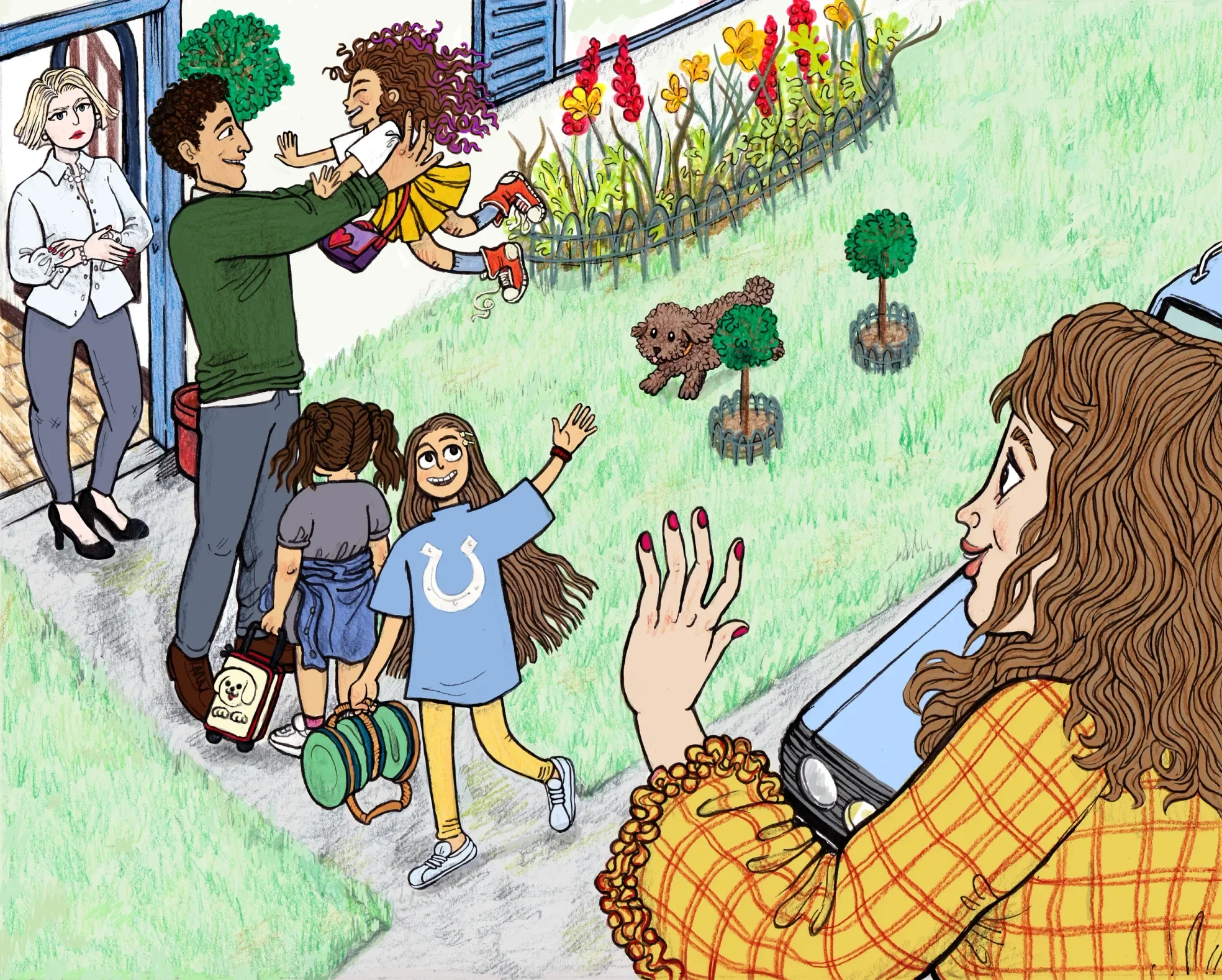 A man lifting a young girl wearing a yellow skirt and red shoes beside a garden with blooming flowers and small trees, with two women and a girl in the background near the house, and a woman watching from inside a window.