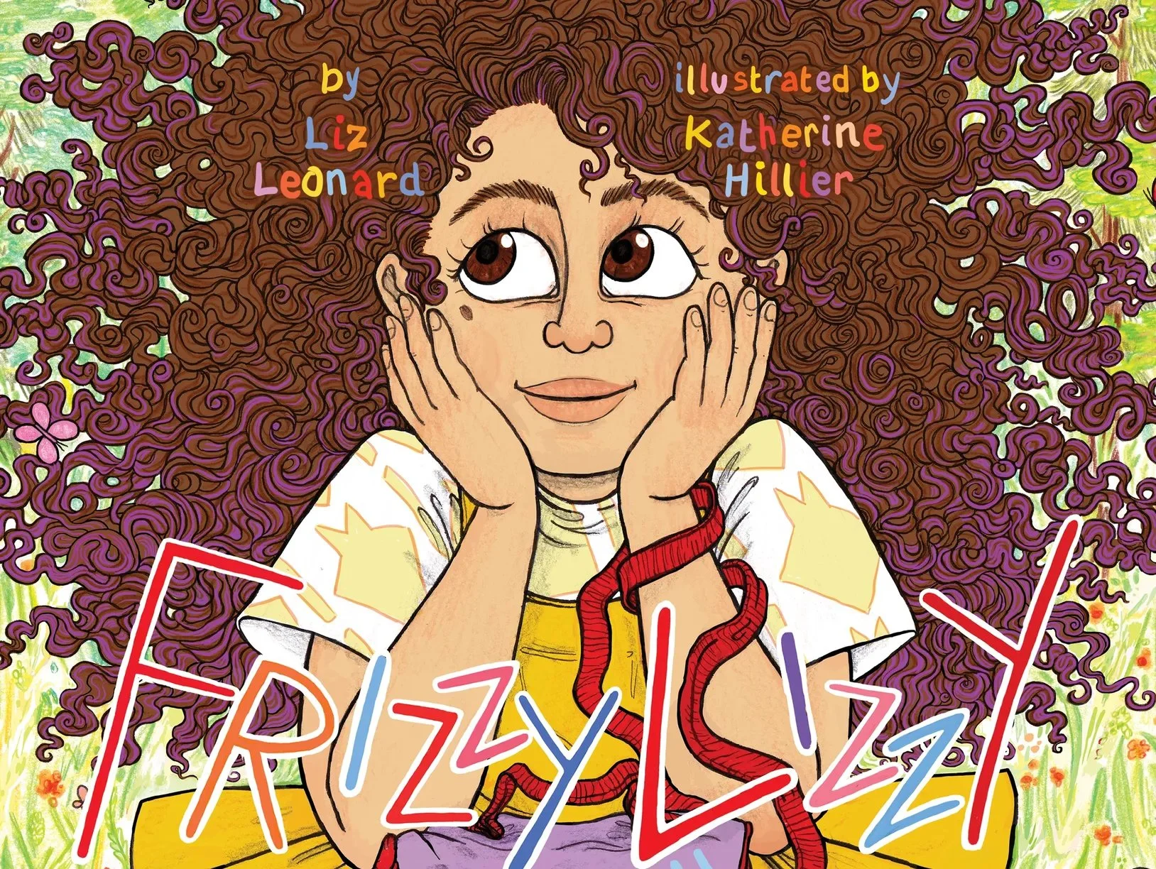A whimsical children’s book cover, for Frizzy Lizzy, featuring a young girl with big brown eyes and vibrant, curly purple hair, resting her face in her hands. She wears a yellow apron over a white shirt and purple pants while sitting outdoors.