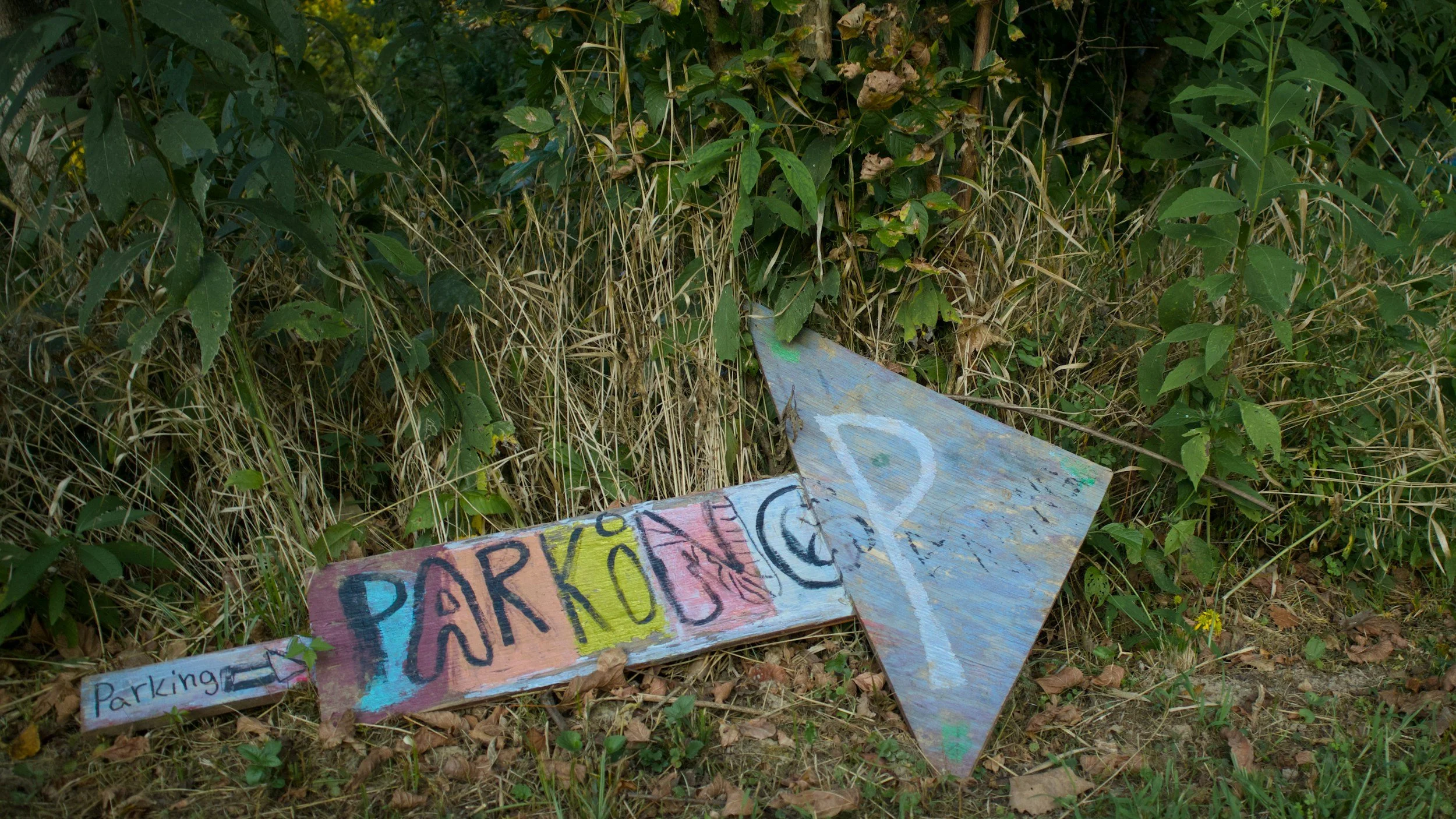 Colorful hand-painted wooden signs on the ground among tall grass and green bushes, indicating parking available.