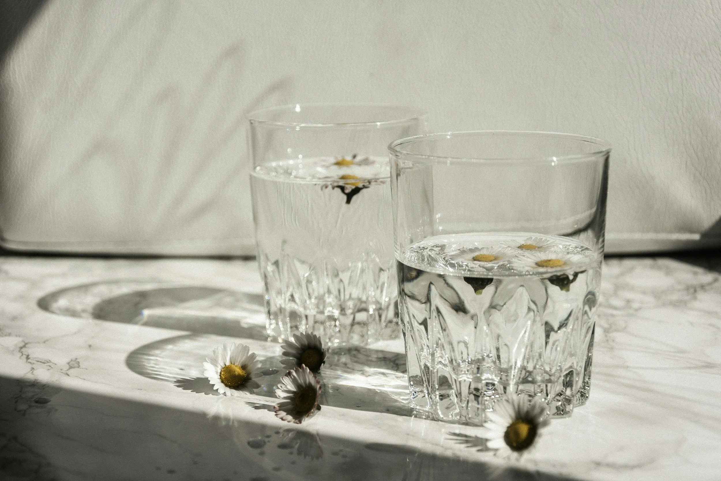 Two crystal glasses filled with water, decorated with daisies, placed on a white marble surface with daisies scattered around, and shadows cast on the surface.