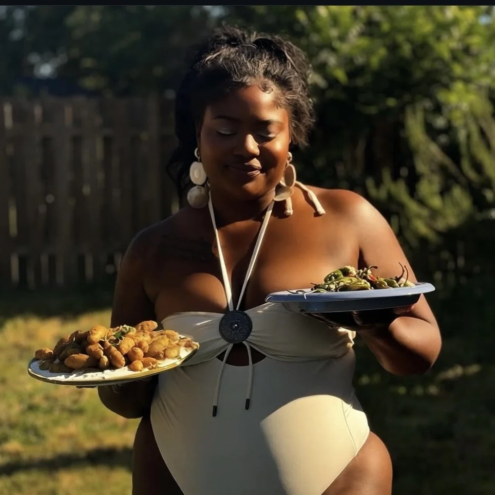 A woman wearing a beige swimsuit and large shell earrings is holding two plates of food outdoors, with a background of trees and a wooden fence.