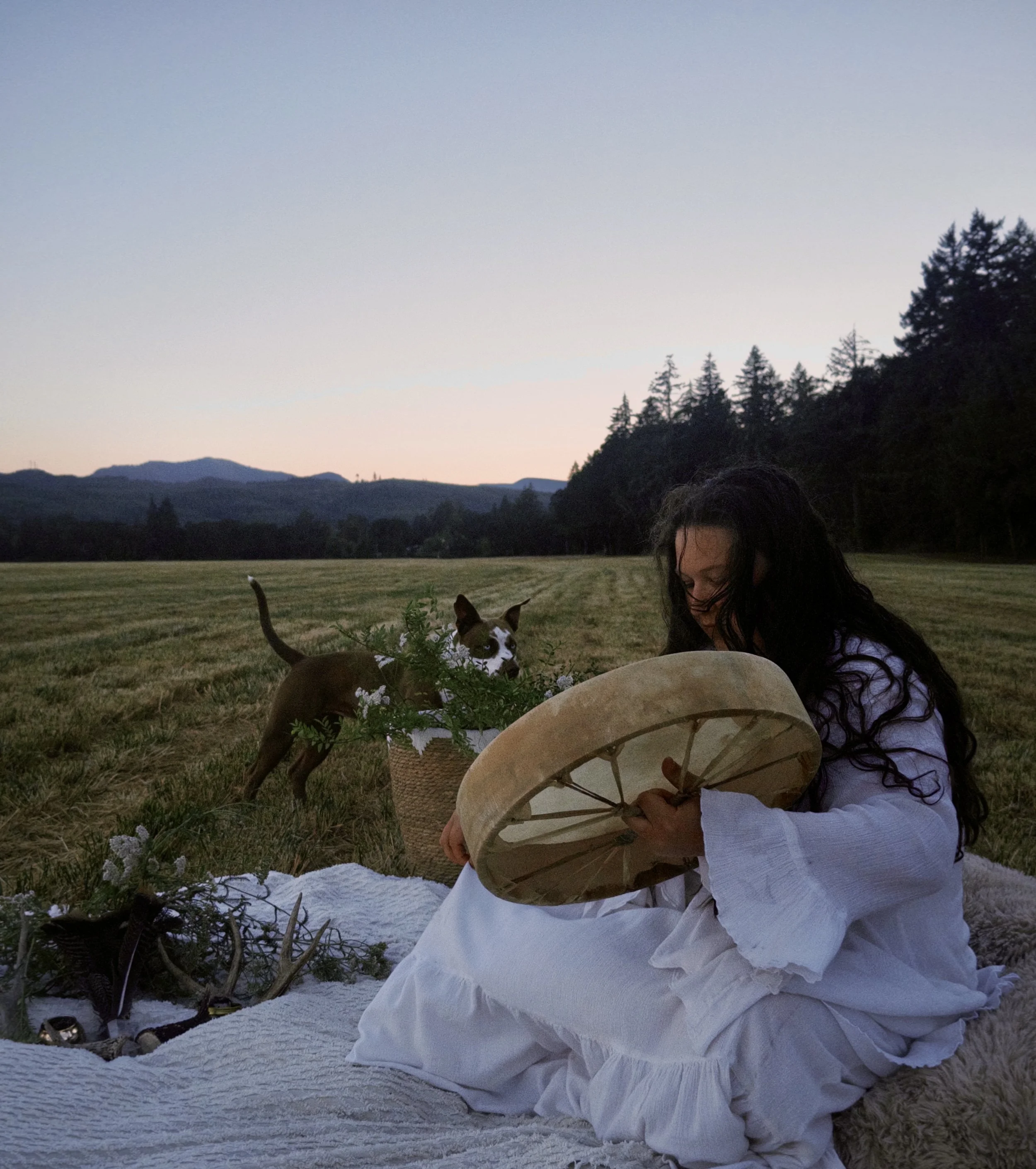 A woman with long dark hair wearing a white dress, sitting on a white textured blanket outdoors during dusk, holding a wooden decorative piece resembling a parasol. Next to her are a small dog in front of a basket of white flowers, a woven bag, and a small bottle. The landscape features trees and rolling hills under a fading sky.