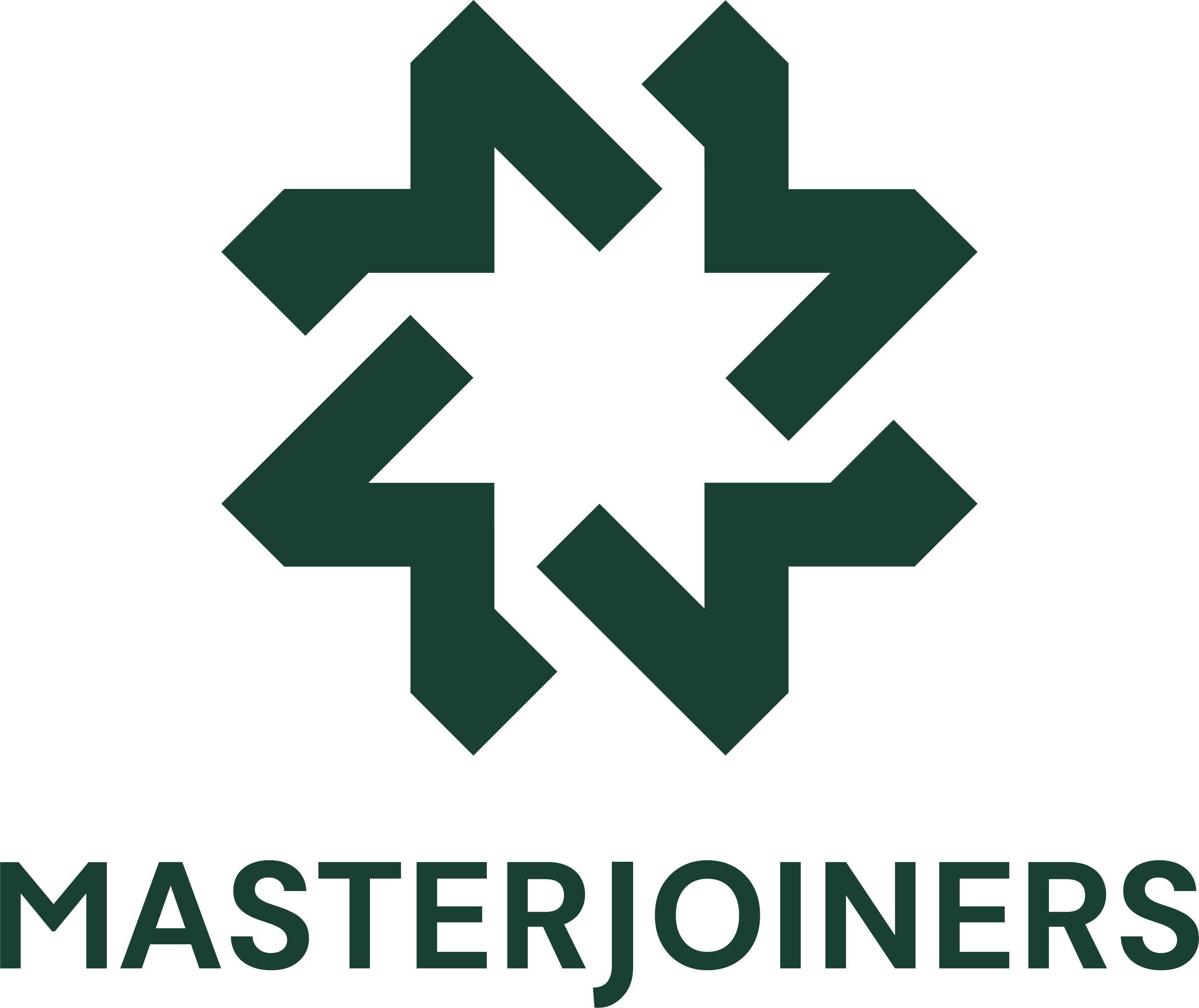 A black and green logo with a circular geometric design and the text 'MASTER JOINERS' below it.