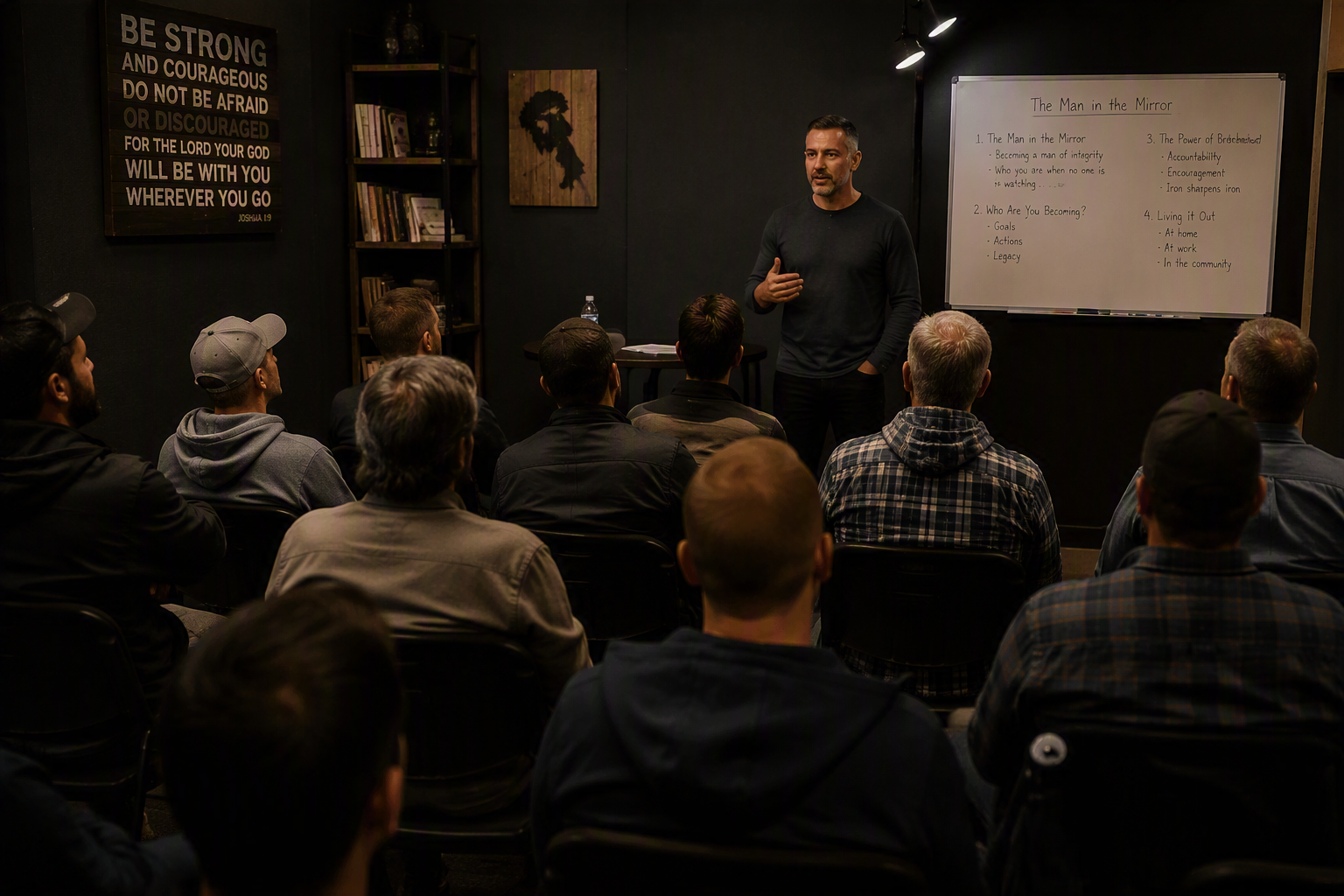 A man giving a presentation to a group of men seated facing him in a dark room with motivational posters and a whiteboard.