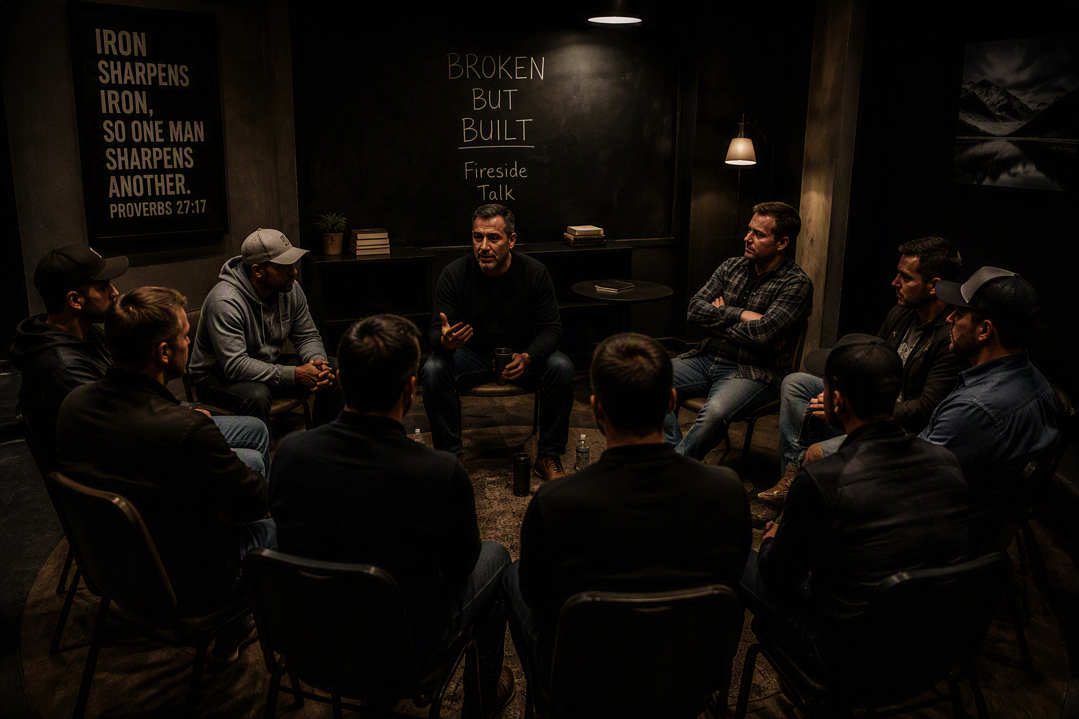 A group of people sitting in a circle during a discussion in a dark room with black walls, a blackboard with 'Broken but Built' written on it, and a large poster with a Bible verse on the wall.