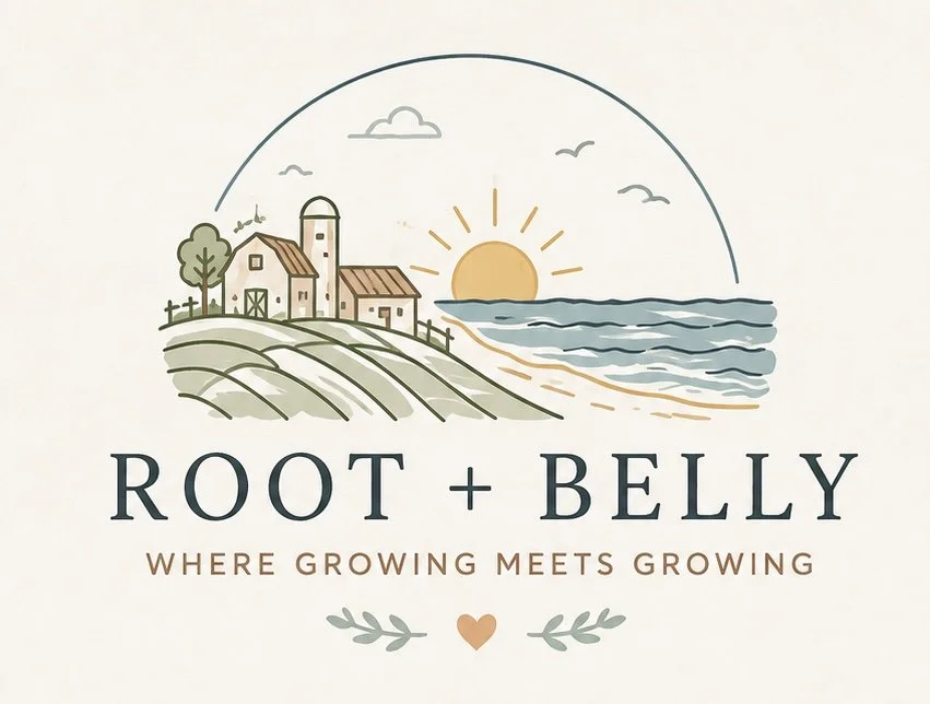 Illustration of a farm, ocean, and sunset with the text "Root + Belly" and the tagline "Where growing meets growing."