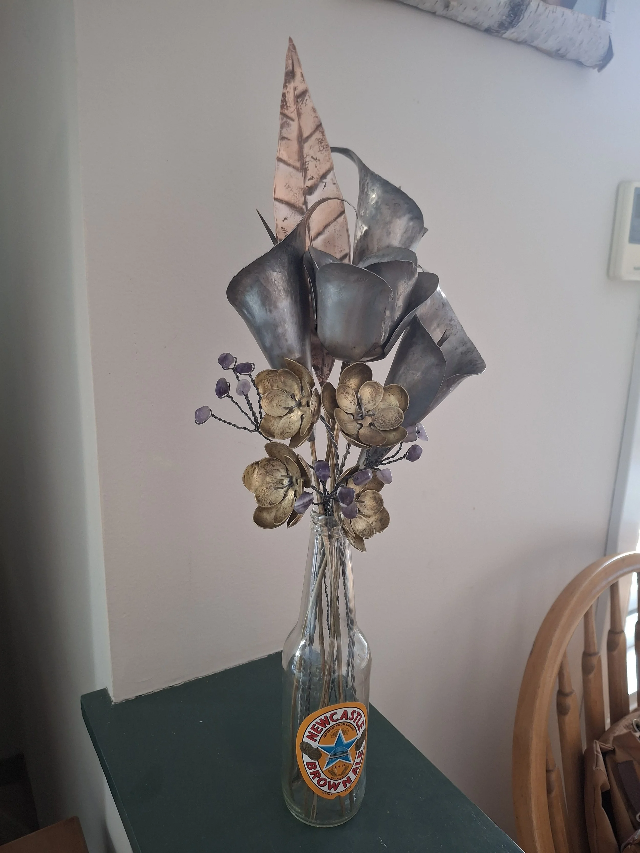 Copper Leaf, Steel Rose, Steel Calalillies, Brass Cups, and Budding Amethysts