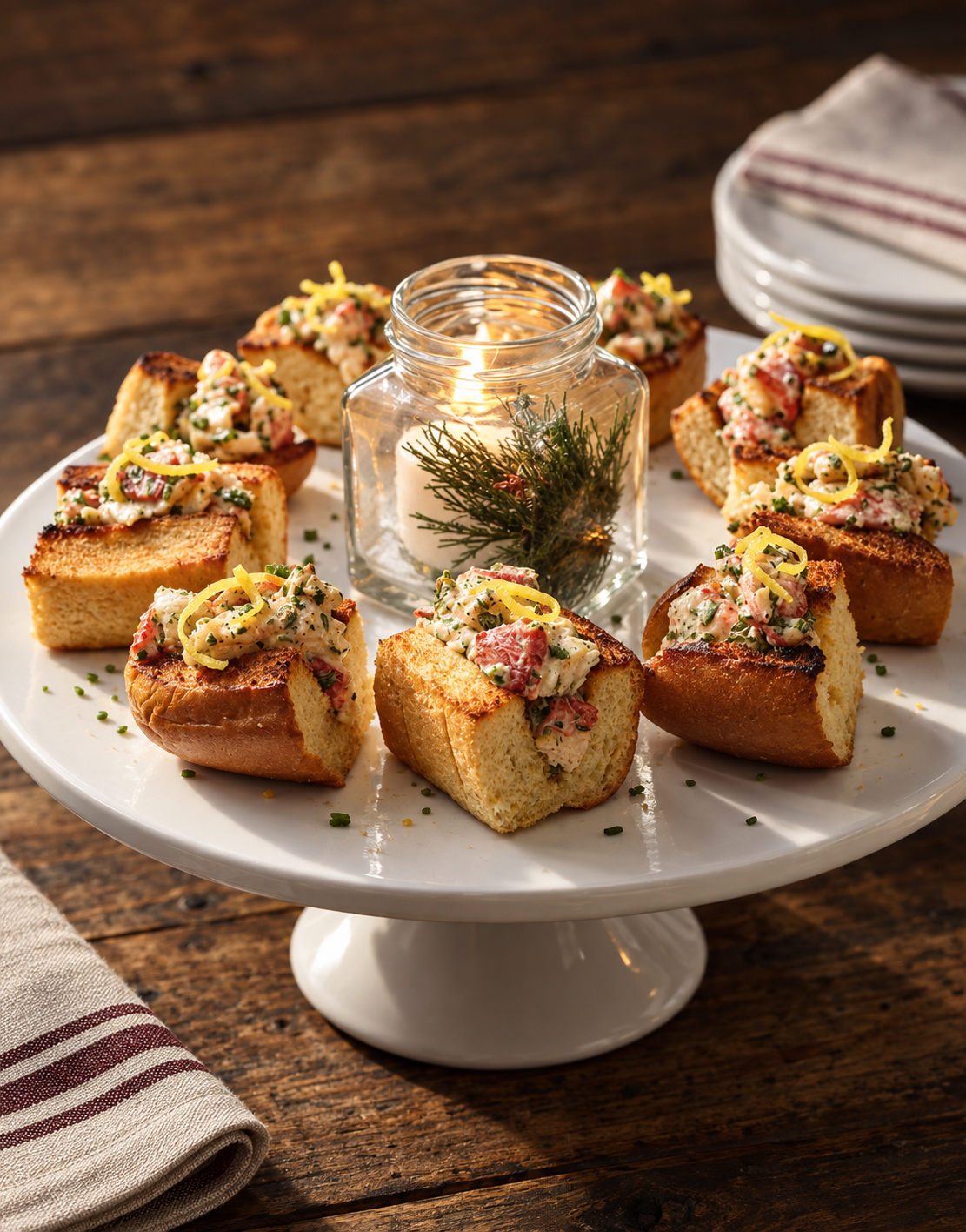Plate of toasted bread slices topped with a creamy seafood mixture and garnished with lemon twists, arranged around a lit candle with greenery in a jar, on a rustic wooden table, with stacked plates and a striped napkin nearby.
