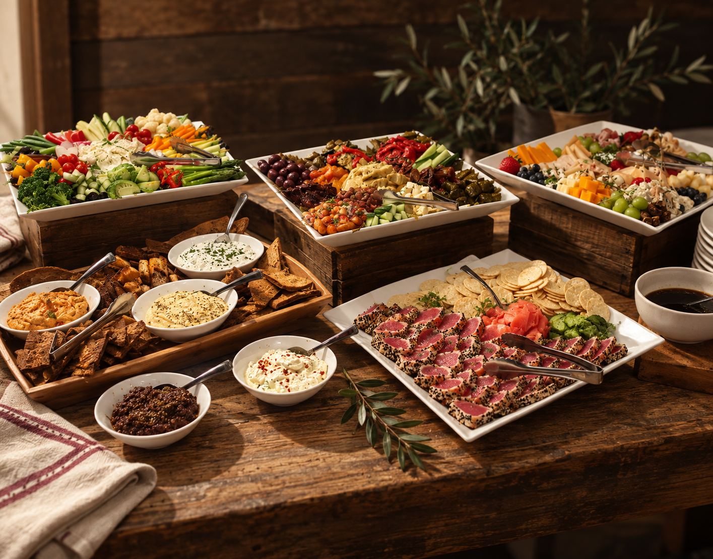 A spread of appetizers and snacks on a rustic wooden table with fresh vegetables, cheeses, dips, crackers, cured meats, and other finger foods, garnished with greenery.