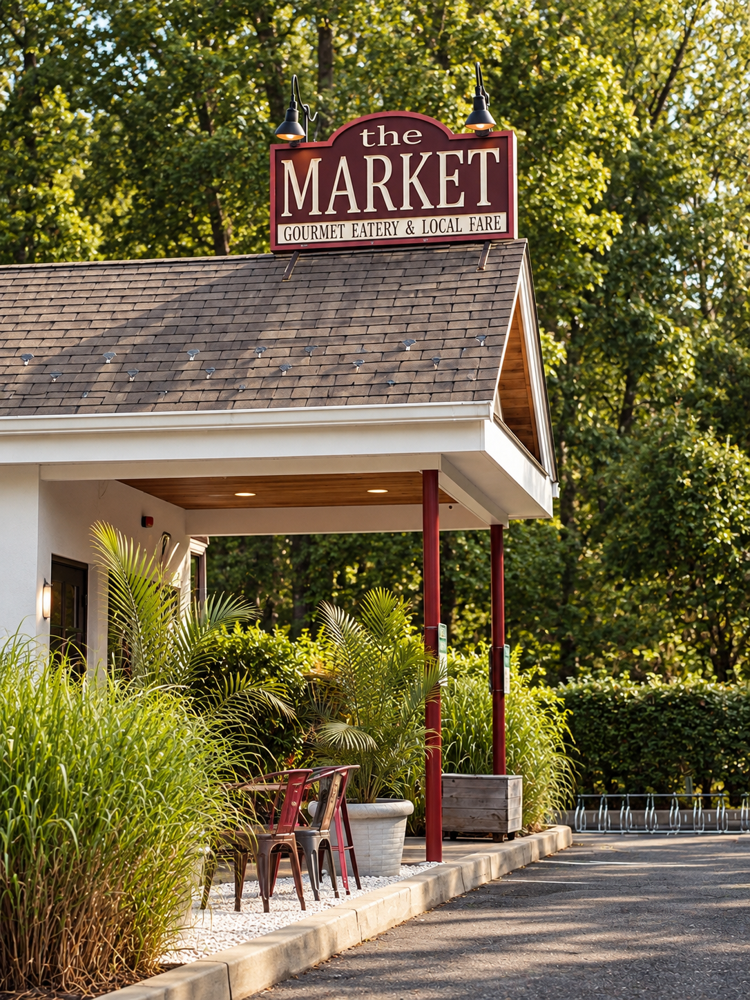 Exterior view of a small market building with a sign reading 'the MARKET, GOURMET EATERY & LOCAL FARE,' surrounded by greenery and outdoor seating.