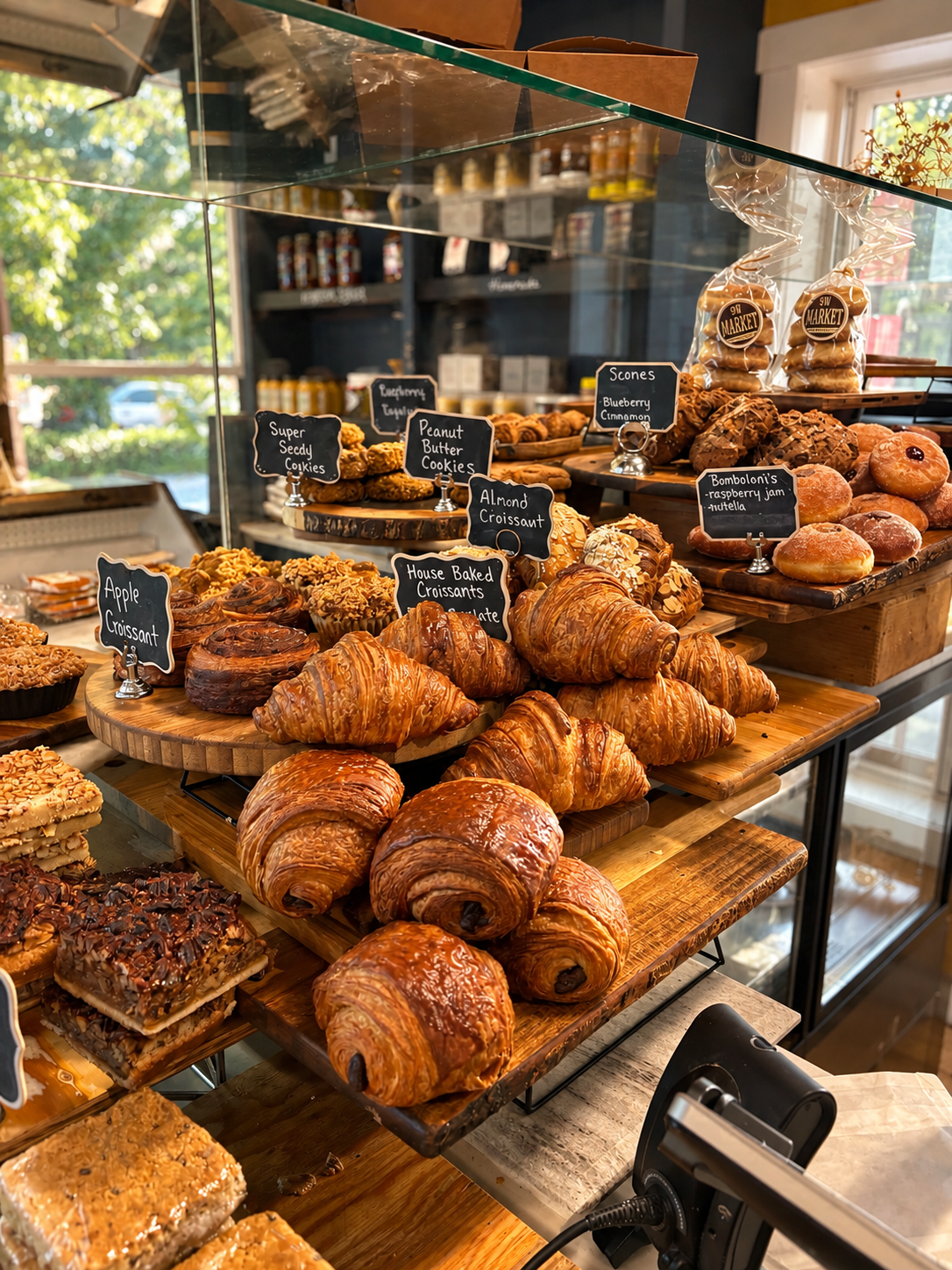 Display of fresh baked pastries and cookies in a bakery, including croissants, apple croissants, house baked croissants, almond croissants, and various cookies with handwritten labels.