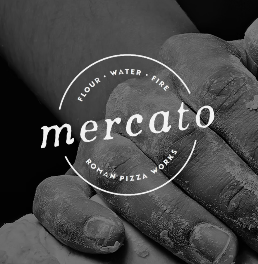 Close-up of flour-coated hands working with pizza dough, with a circular logo overlay reading "mercato" and words "flour, water, fire," and "Roman pizza works."
