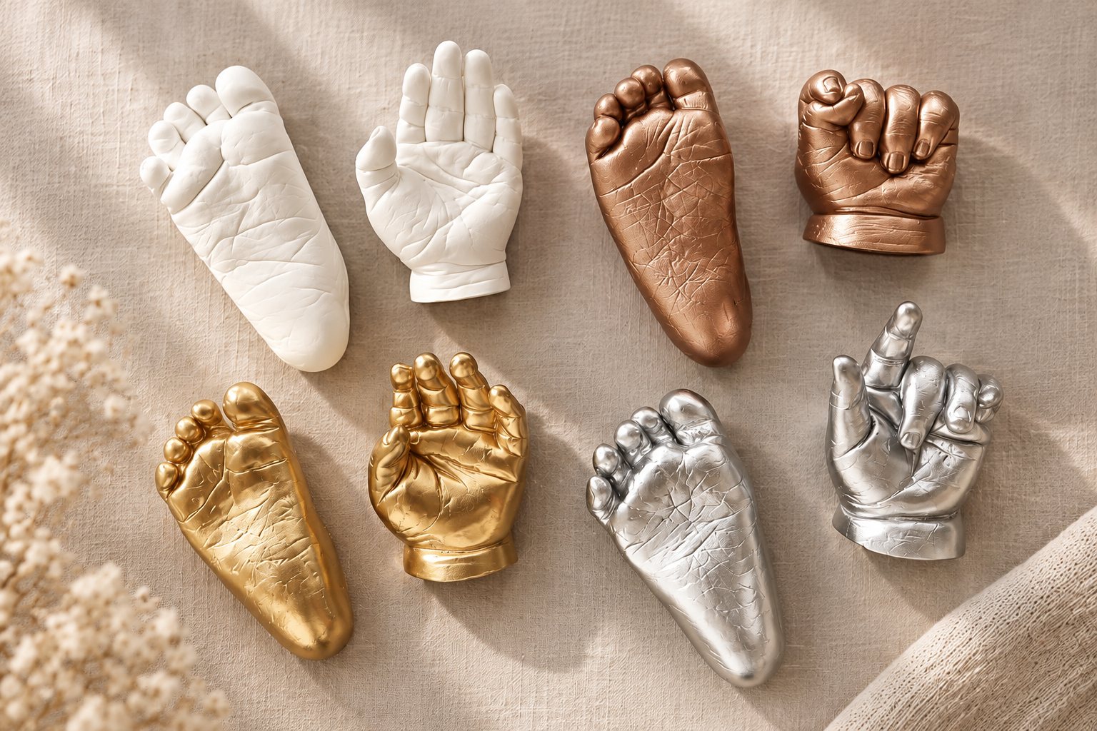 Collection of decorative hand and foot sculptures in various metallic colors including gold, silver, bronze, and white, arranged on a textured beige surface.