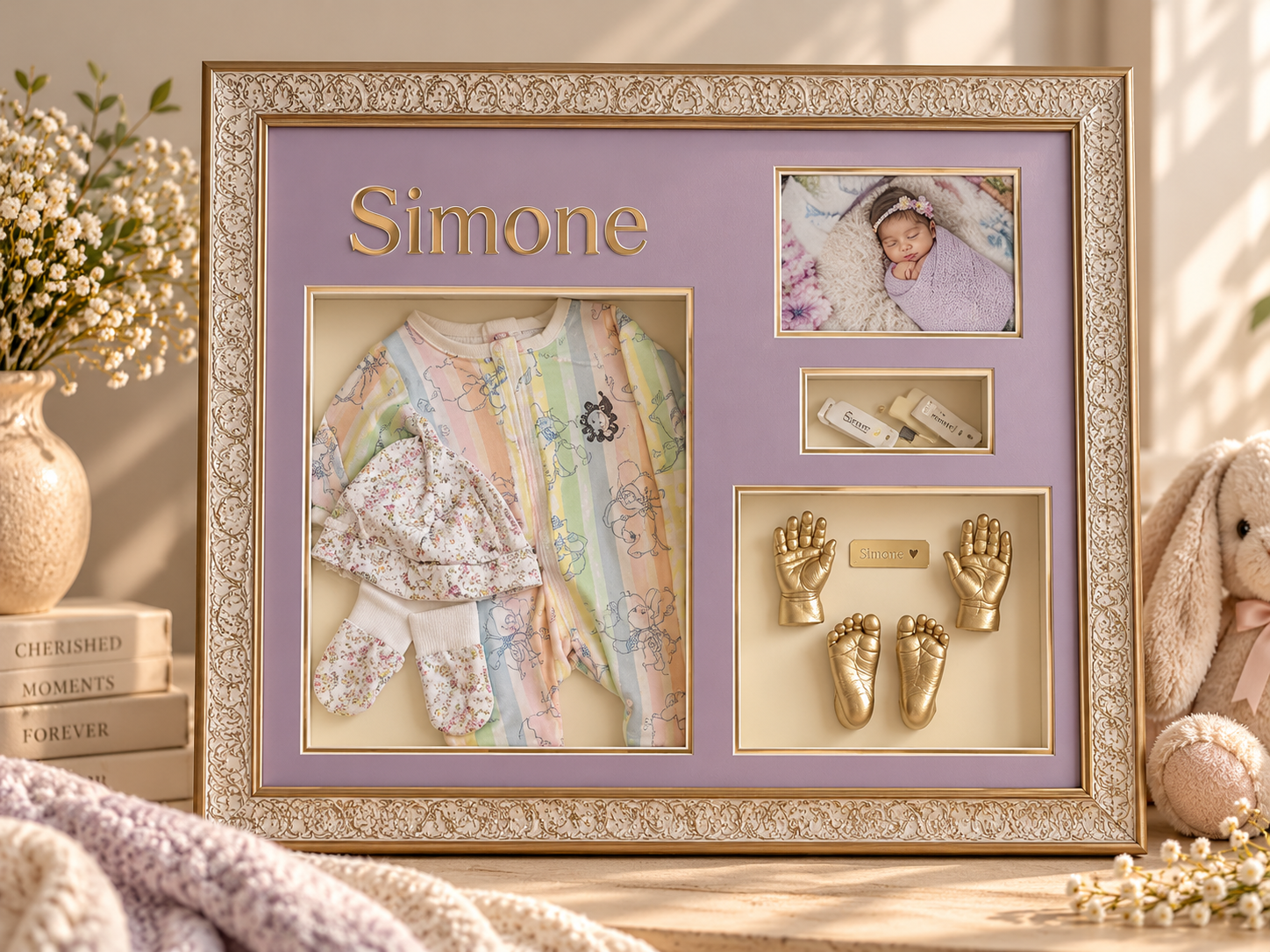 A shadow box display featuring baby items and keepsakes, including a framed photo of a sleeping baby girl, a colorful baby outfit, a small floral baby hat and socks, a box of medical supplies, and gold baby hand and foot molds engraved with the name 
