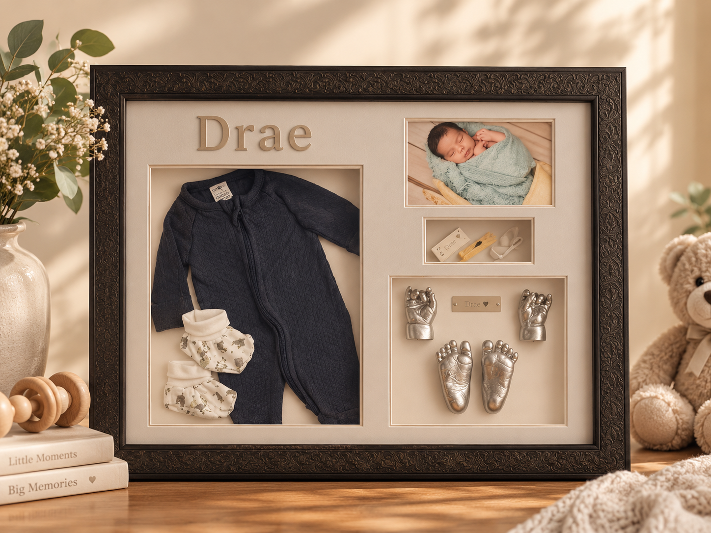 A shadow box frame displays a baby's first items including a navy blue sweater, white socks with animal patterns, a photo of a sleeping baby wrapped in a blanket, a small wooden tag, miniature silver hands and feet, and a wooden nameplate reading 'Dr