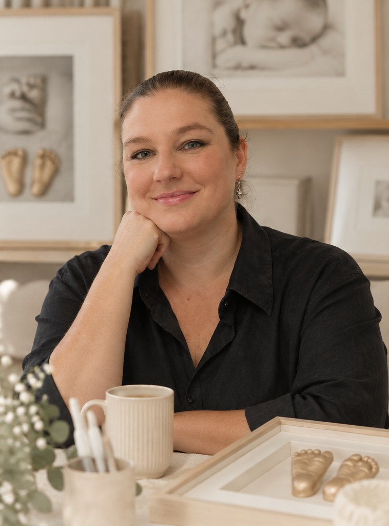 A woman with brown hair wearing a black shirt, sitting at a table with a smile, resting her chin on her hand, with artistic photos of baby feet and a sleeping baby in the background.
