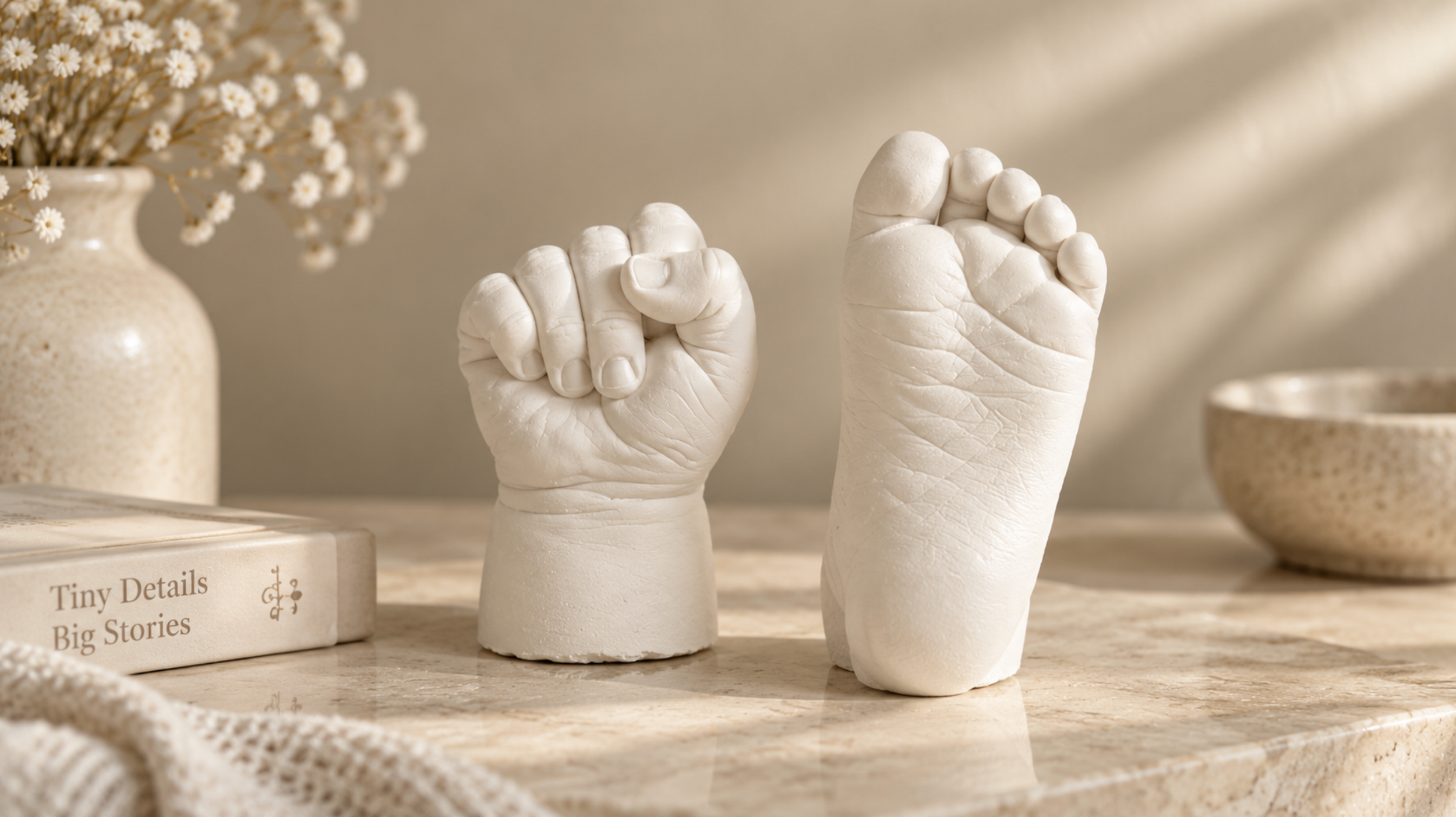 Two white ceramic baby fists sculpture with a large vase of small white daisies in the background, on a wooden surface.