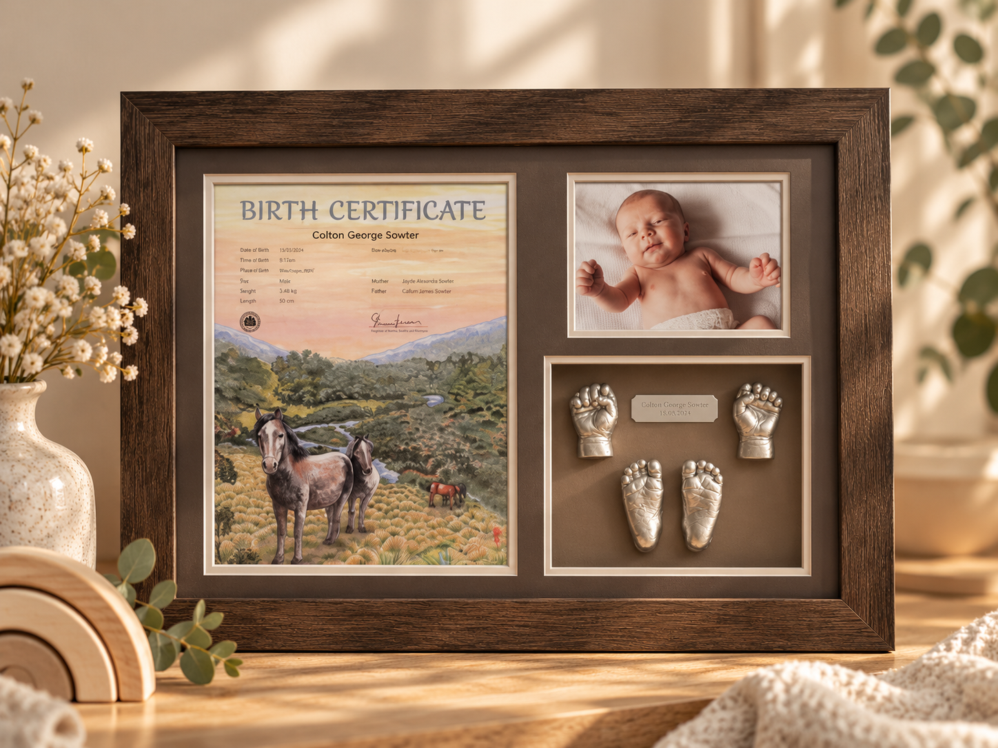 A framed display commemorating a newborn baby named Colton George Sower, including a birth certificate, a photograph of a baby, a plaque with his name and birth date, and silver baby foot and hand sculptures, with flowers and decor around.