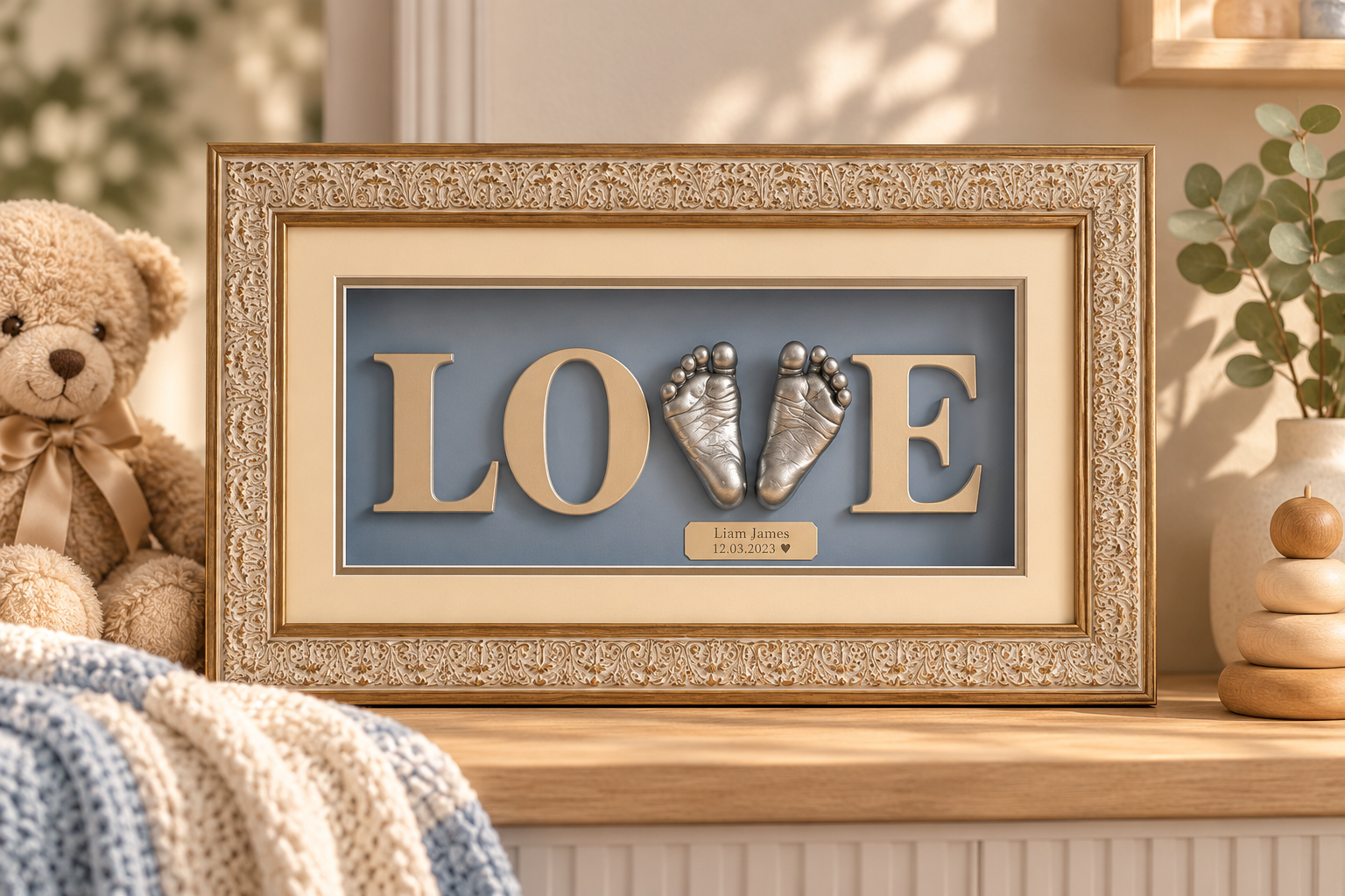 Decorative framed artwork spelling 'LOVE' with silver baby footprints replacing the 'V', personalized with a name tag, date, and heart, displayed on a wooden surface with a teddy bear and a plant nearby.
