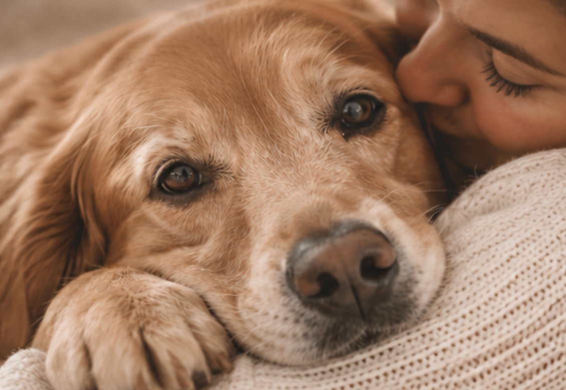 A person hugging a golden retriever dog with their face close to the dog's face.