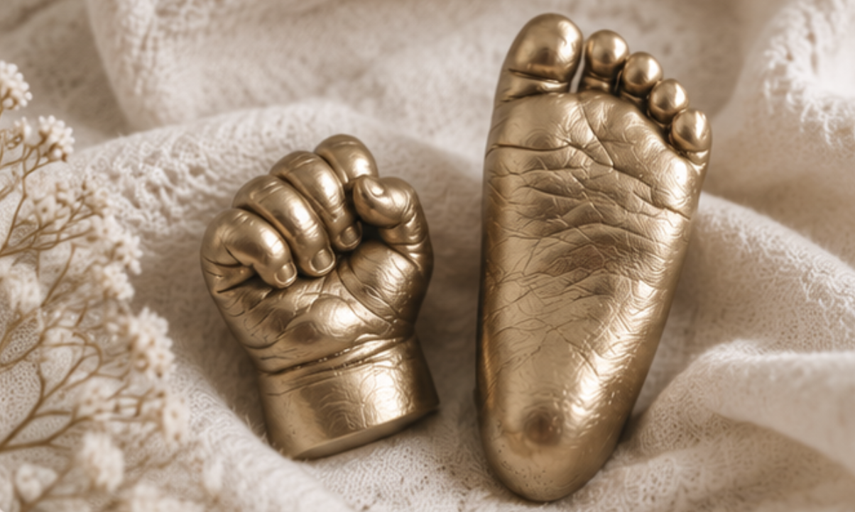 Golden-colored sculptures of a clenched fist and a foot, placed on white lace fabric with small white flowers nearby.