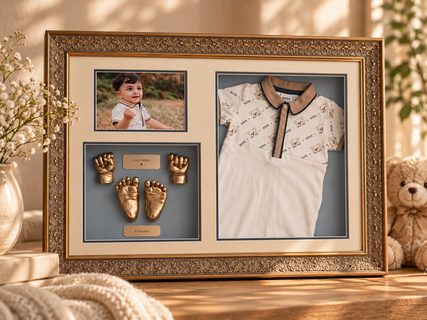 A framed baby keepsake display including a photo of a smiling toddler, a pair of gold baby footprints, and a white shirt with a bear print. There are also small gold fists and feet in the display, with labels reading 'Luca James' and '6 Months'. The 