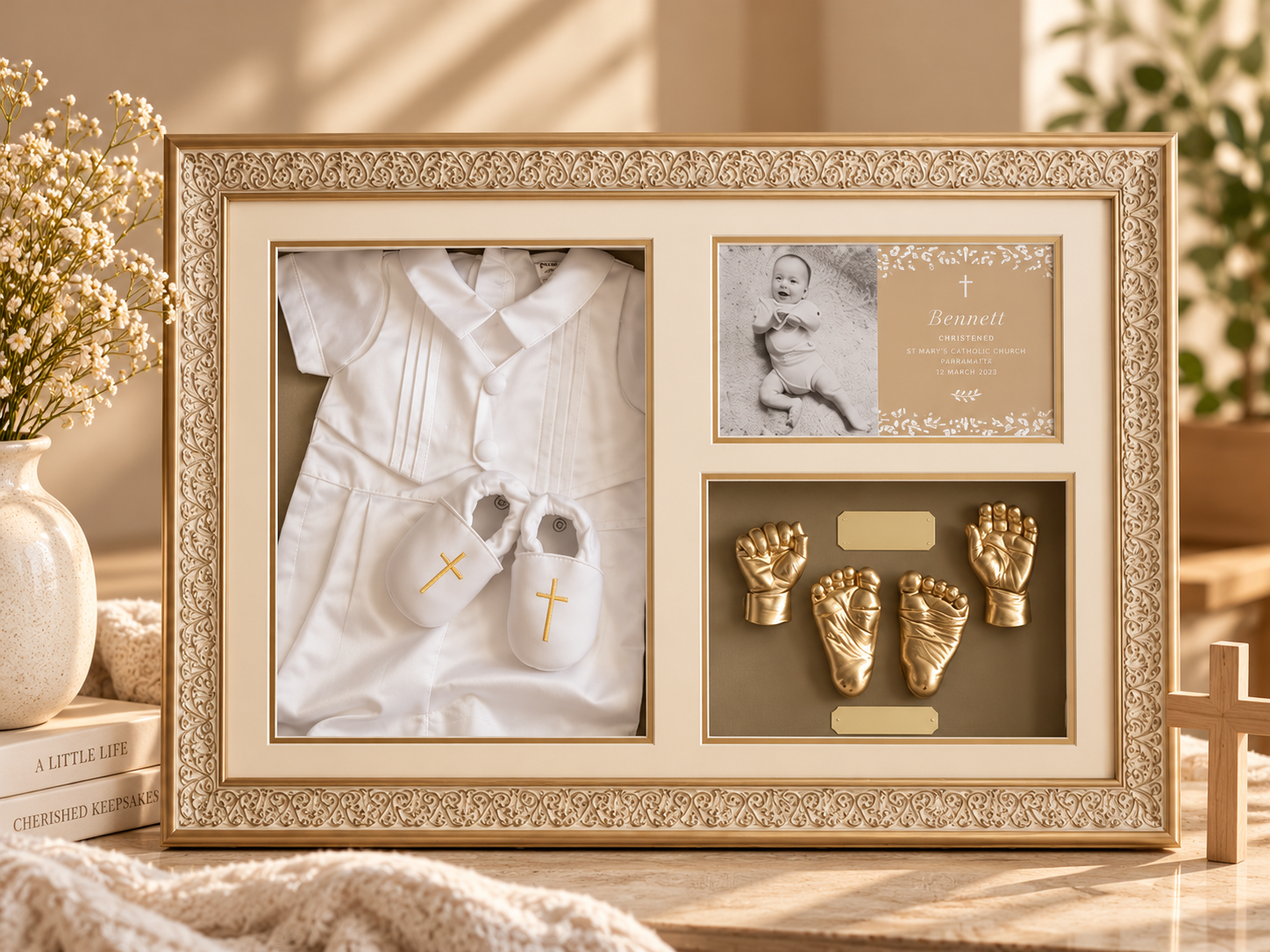 A shadow box frame with a white baby baptism outfit, including a dress and shoes with gold crosses, a photo of a smiling baby, a card with baptism details for Bennett, and gold baby hands and feet keepsakes.