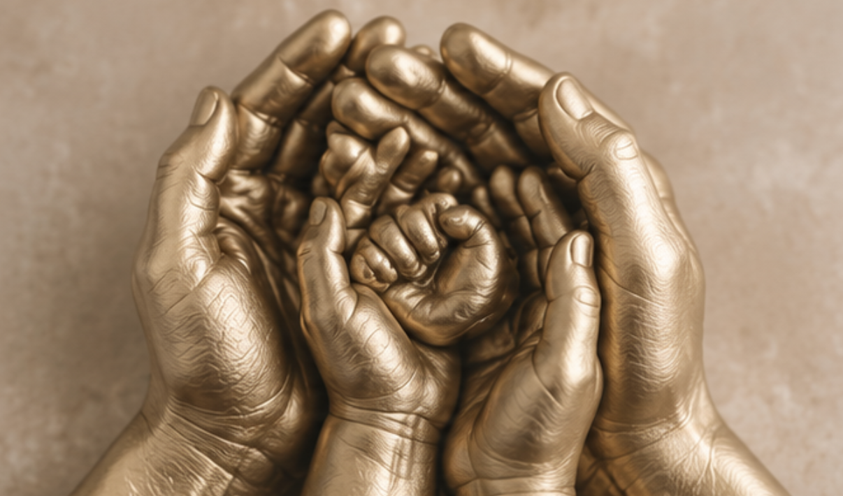 A group of gold-painted hands holding and surrounding a smaller hand, forming a protective gesture