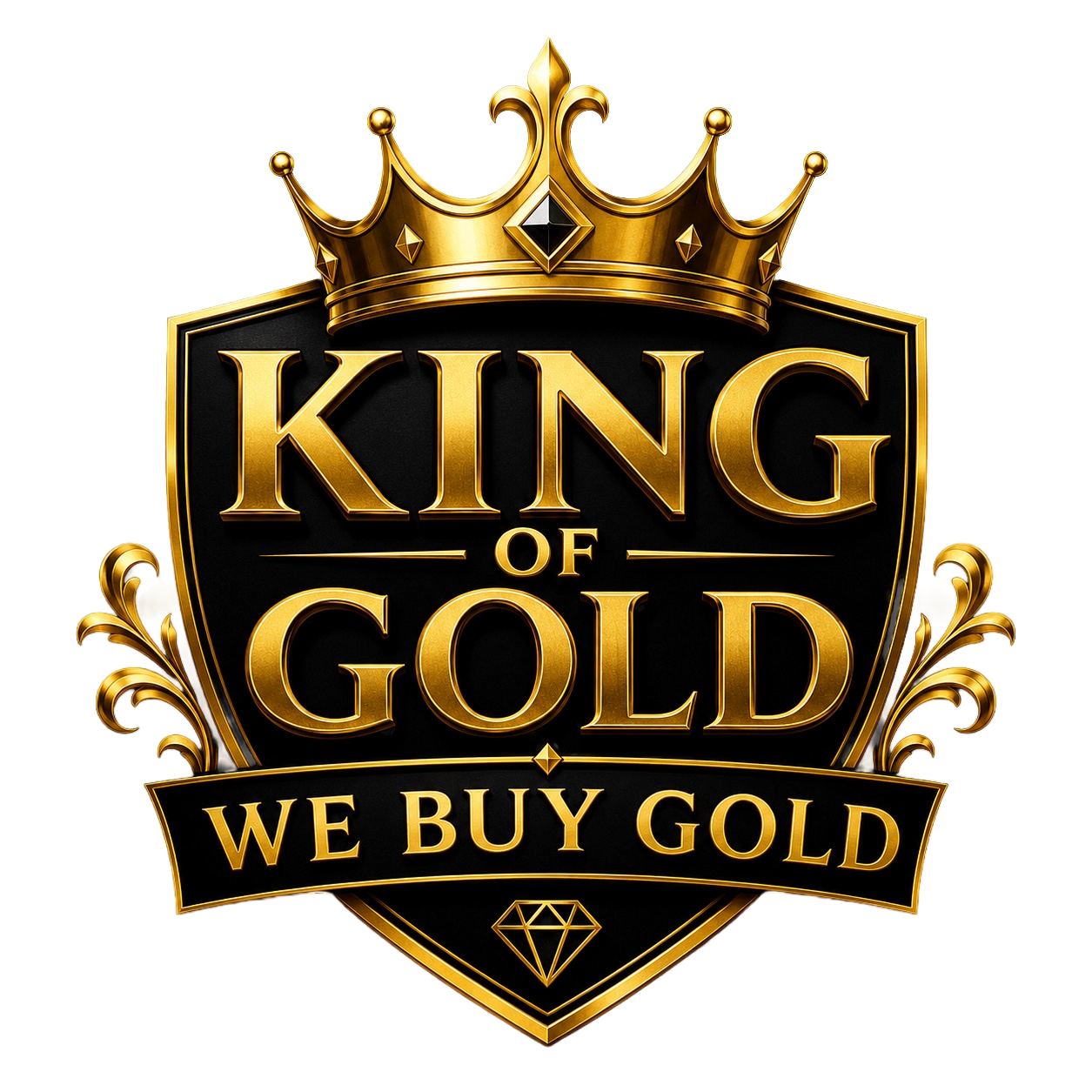Gold shield emblem with a crown on top, titled 'King of Gold', with a banner that reads 'We Buy Gold' and a diamond icon at the bottom.