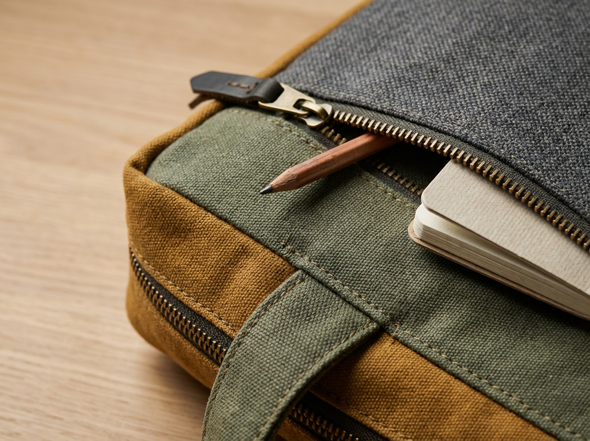 A close-up of a backpack with a pencil and a notebook sticking out of an open zipper compartment. The backpack is made of multicolored fabric with green, brown, and gray tones.
