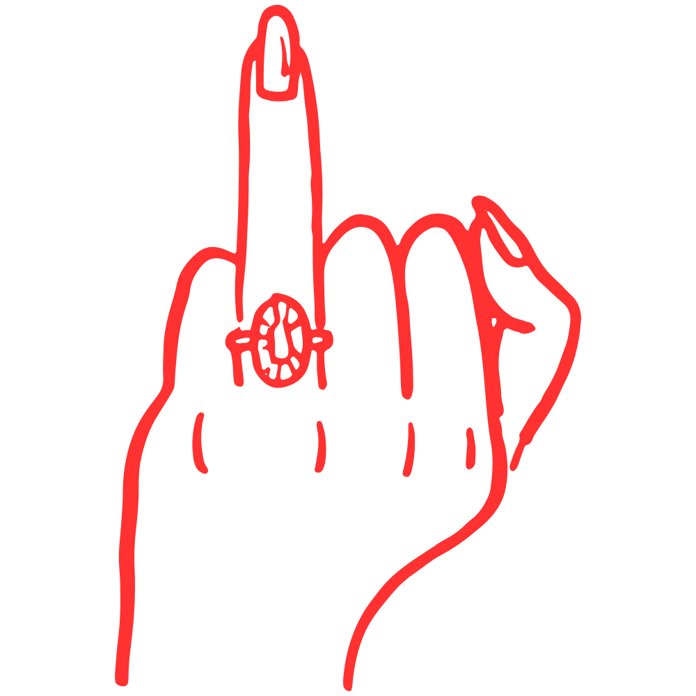 Outline of a hand making an offensive gesture with the middle finger raised, drawn in red on a black background.