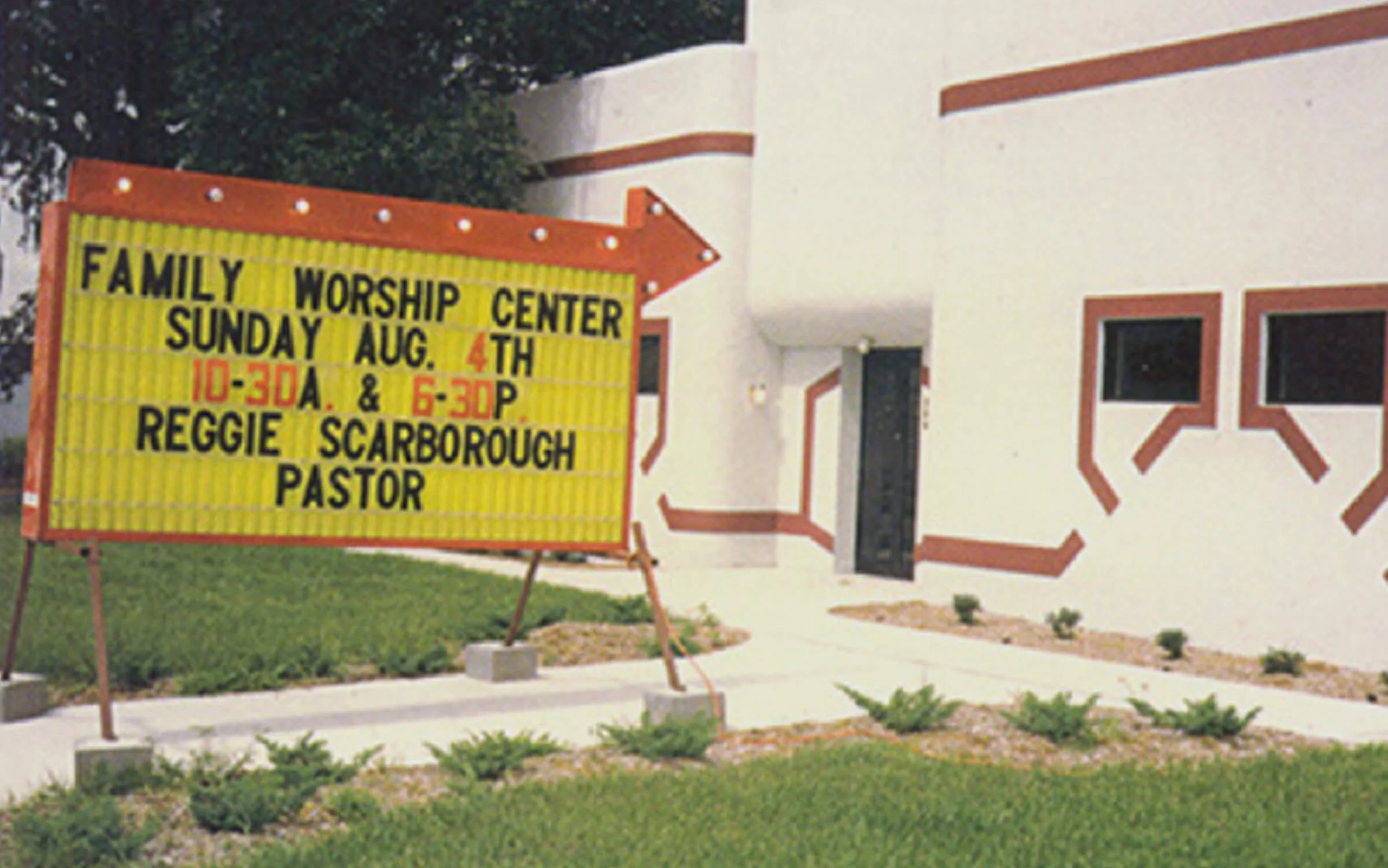 Historical image of the original Family Worship Center sign.