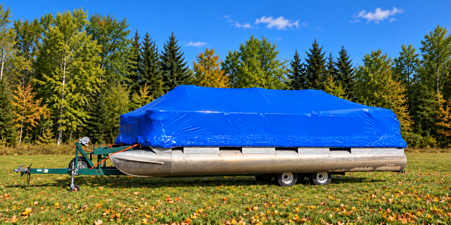 Blue shrink-wrapped pontoon boat beside green trees at North Country Outdoors in Blackduck, Minnesota