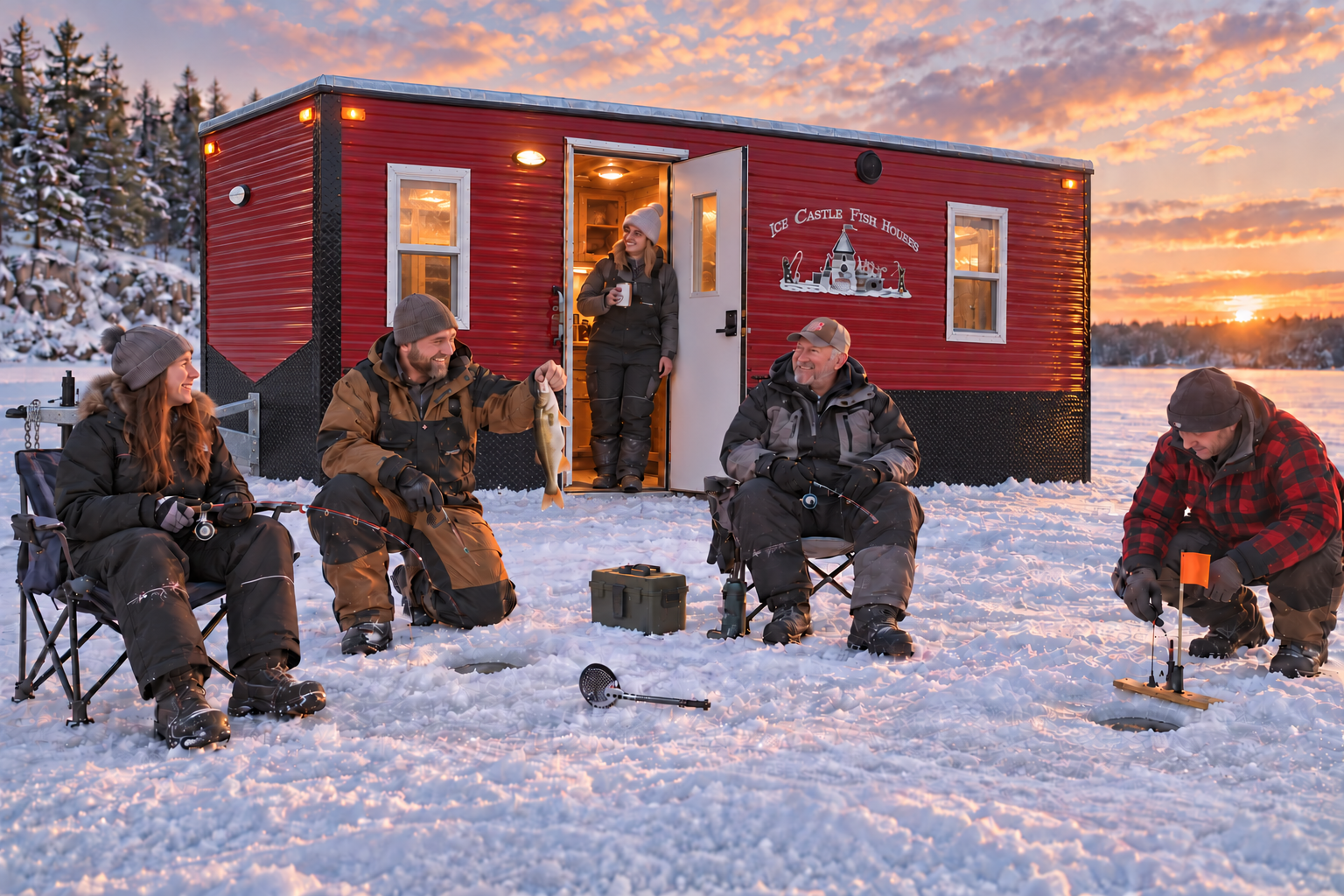 Friends enjoying an Ice Castle fish house rental while ice fishing in northern Minnesota