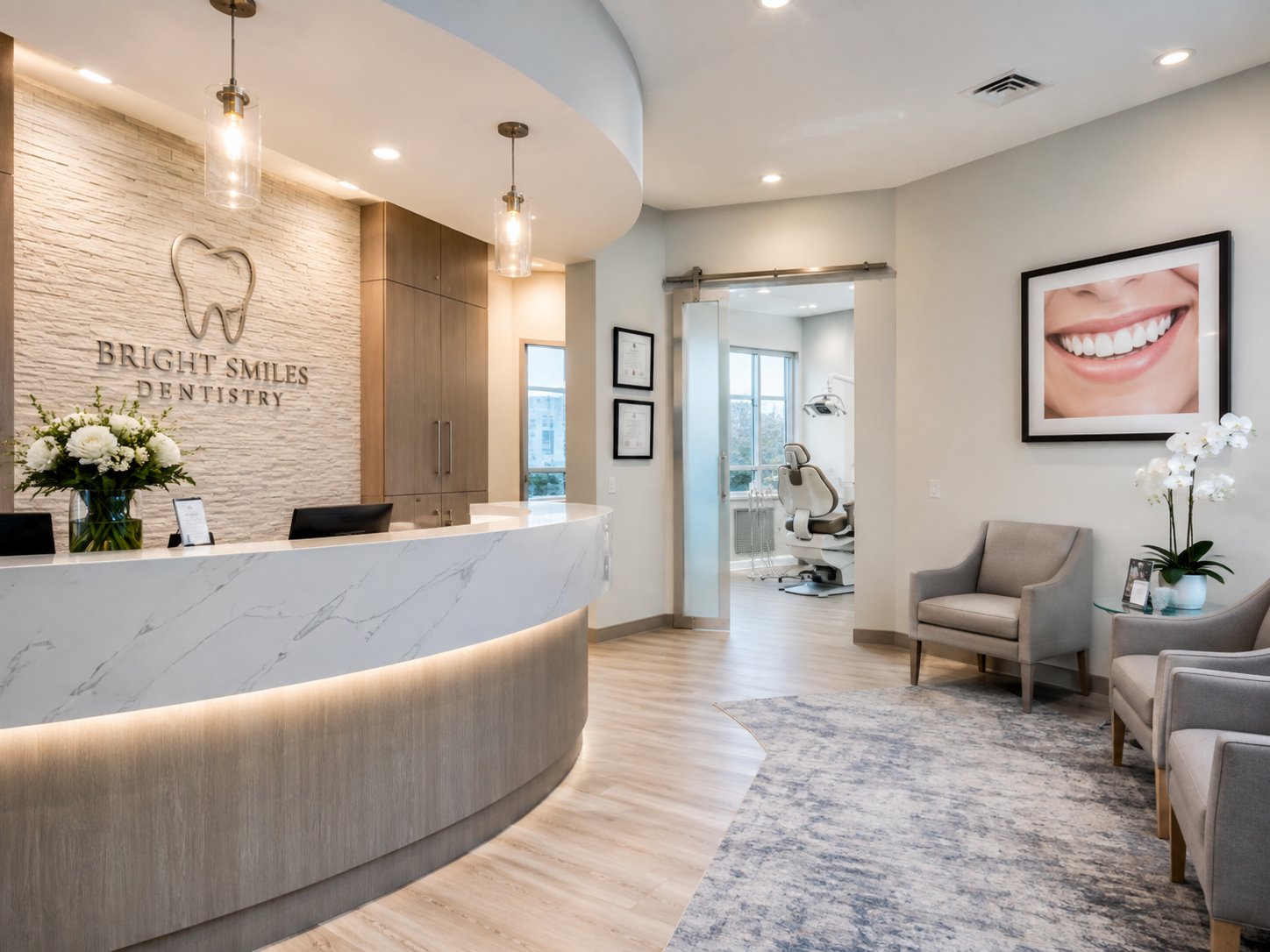 Clean modern dental practice with reception, waiting and treatment areas.