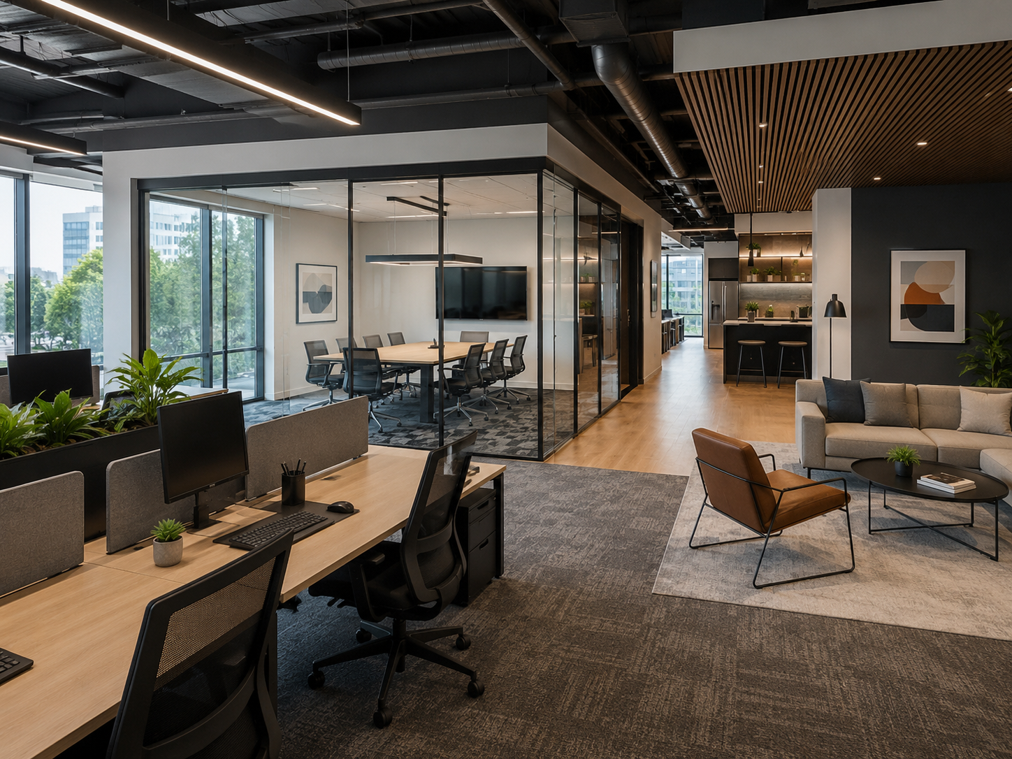 Clean professional office with conference room, workstations and shared spaces.