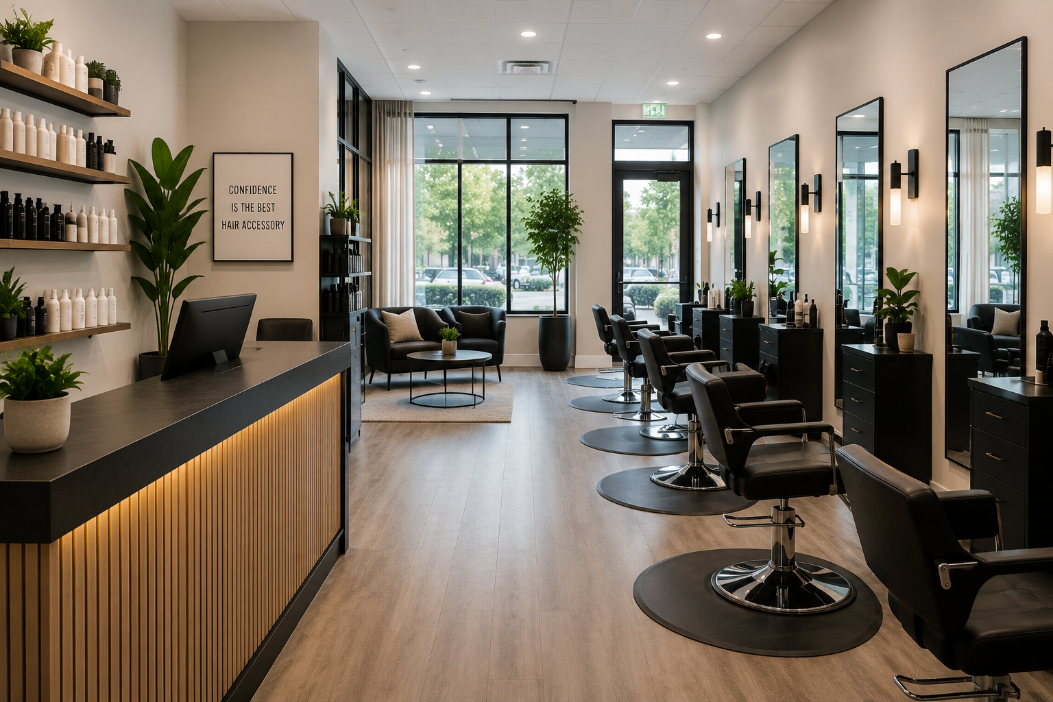 Clean modern salon with styling stations, reception area and customer seating.