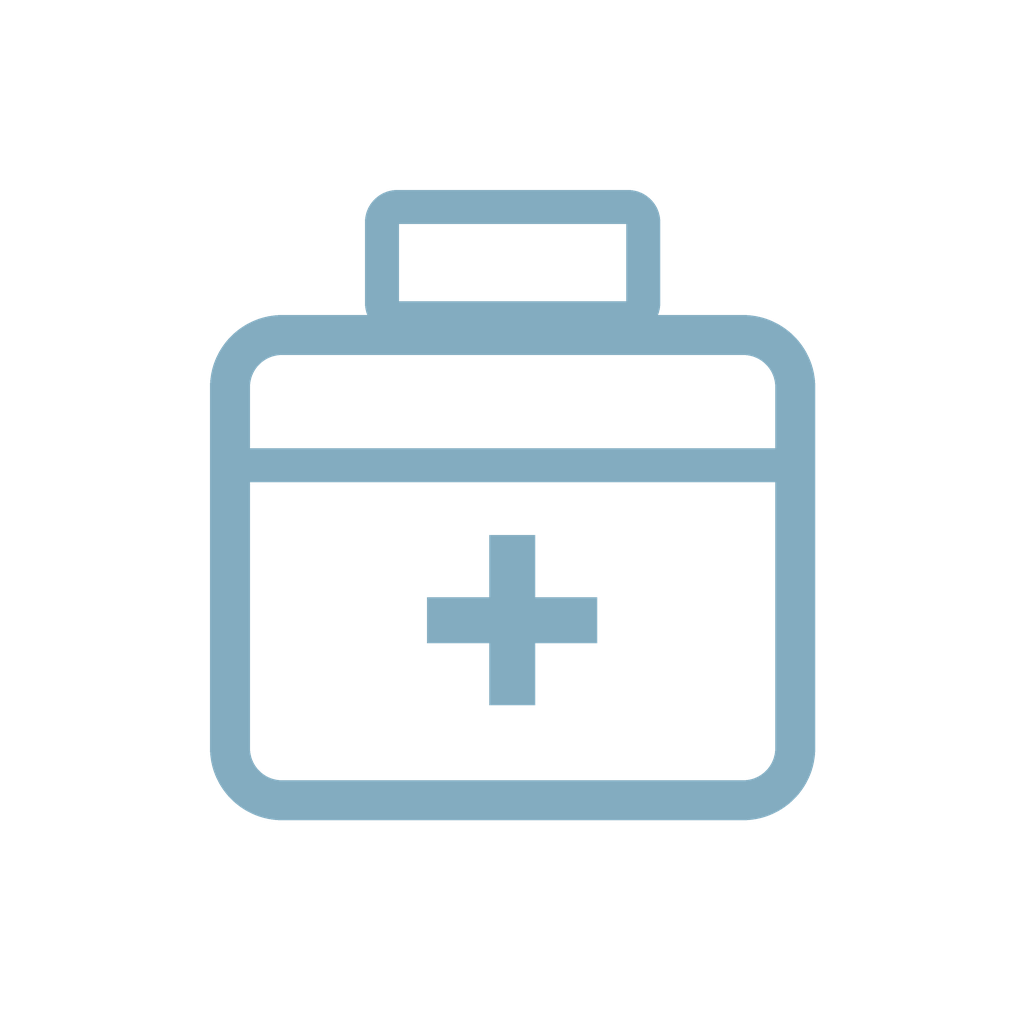 Medical kit icon with a plus sign on it.
