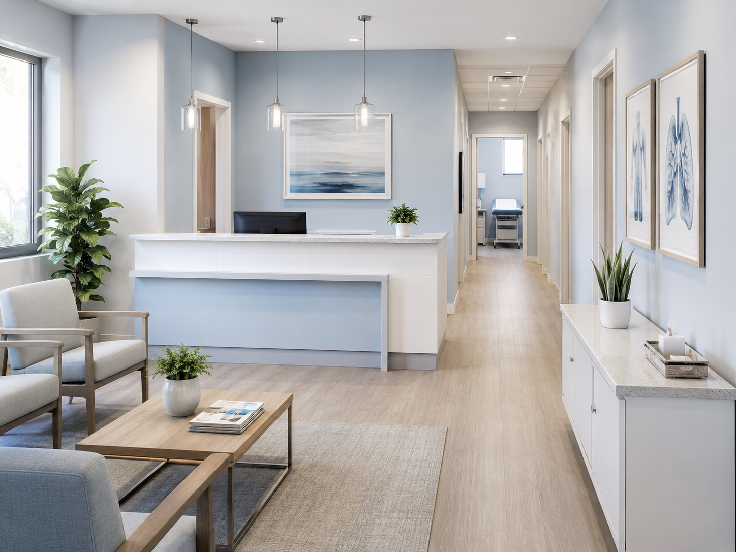 Clean medical office reception and patient care environment.