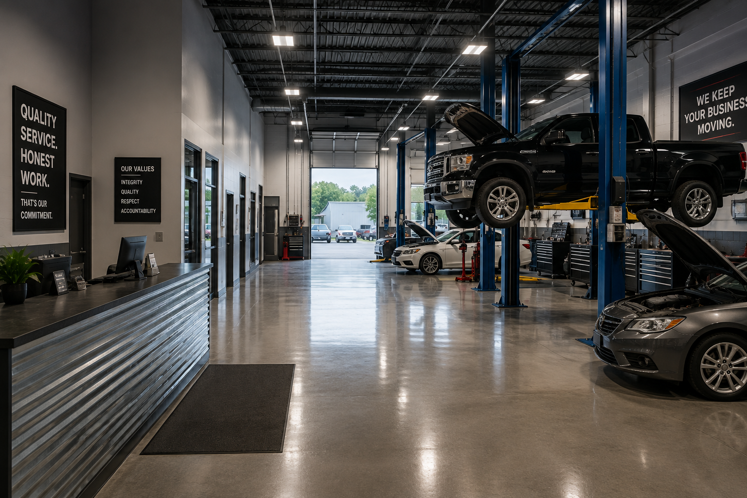 Clean automotive service facility with vehicle bays, customer areas and polished floors.