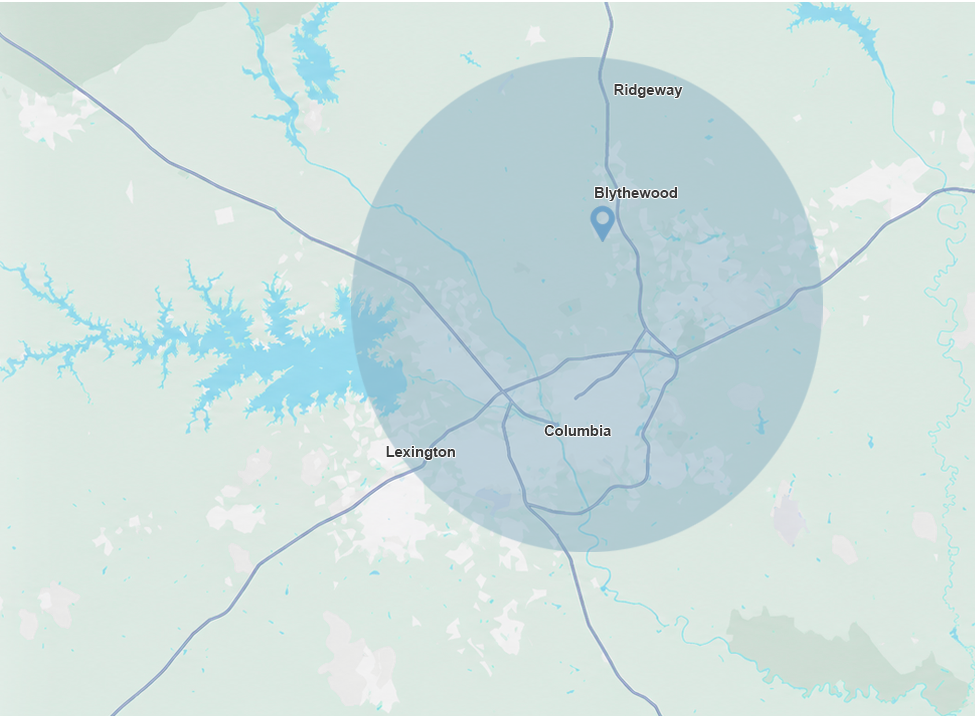 Map of the Columbia, South Carolina area showing Spot Free SC service coverage near Columbia, Blythewood, Irmo and Lexington.
