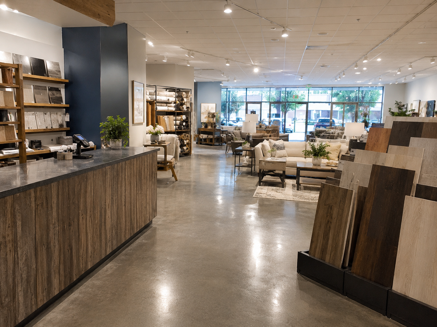 Clean retail showroom with polished floors, displays and customer areas.