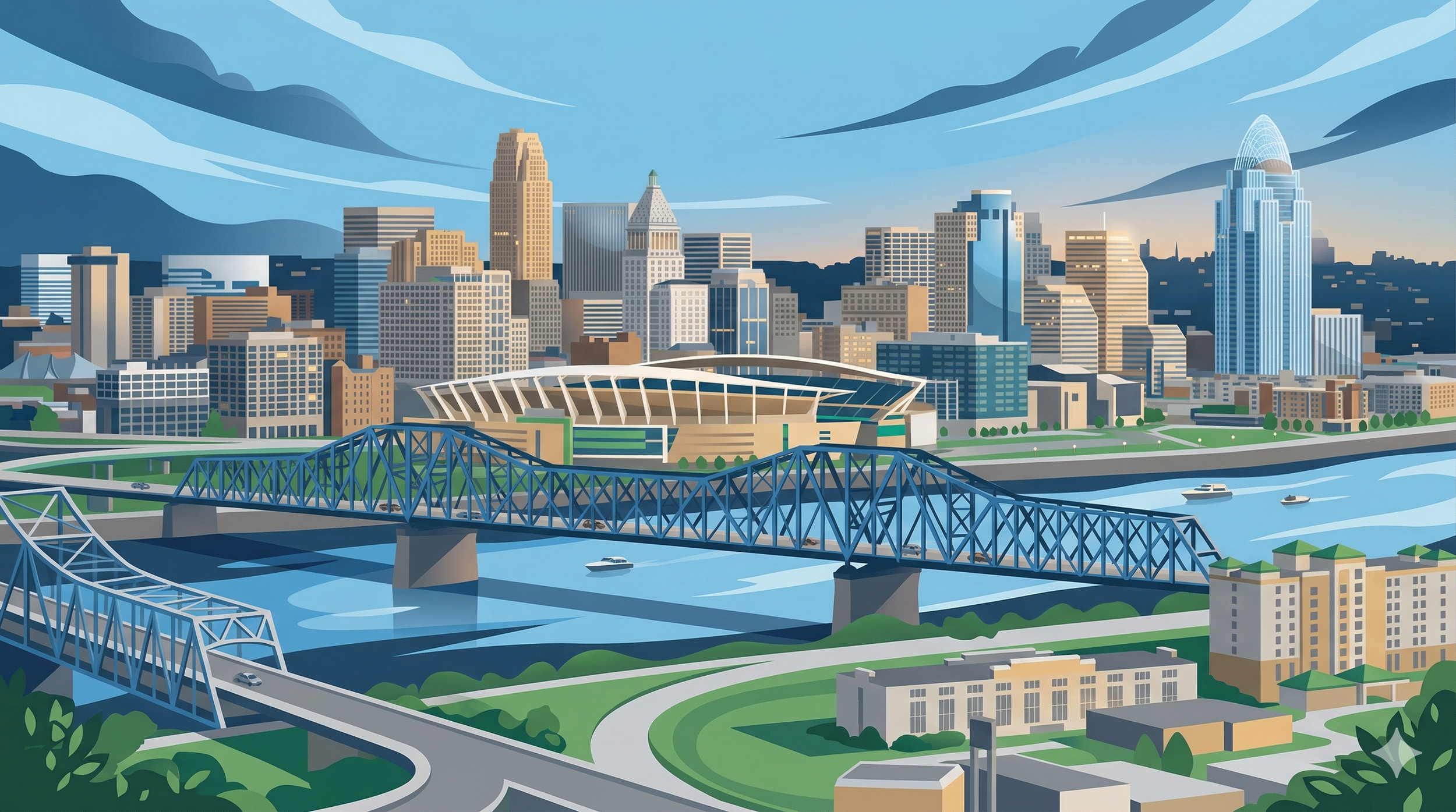 Digital illustration of a city skyline with tall buildings, bridges over a river, and a sports stadium in the foreground under partly cloudy skies.