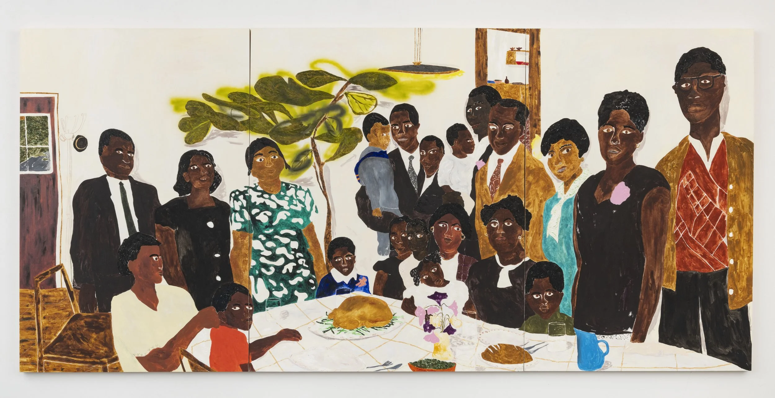  Marcus Leslie Singleton,  Elliyoun , 2023, Oil, spray paint, glitter, and adhesive on wood panels, 60 x 128 inches (triptych). (c) Marcus Leslie Singleton. Image courtesy of the artist and Mitchell-Innes &amp; Nash, New York. Collection of Jennifer 