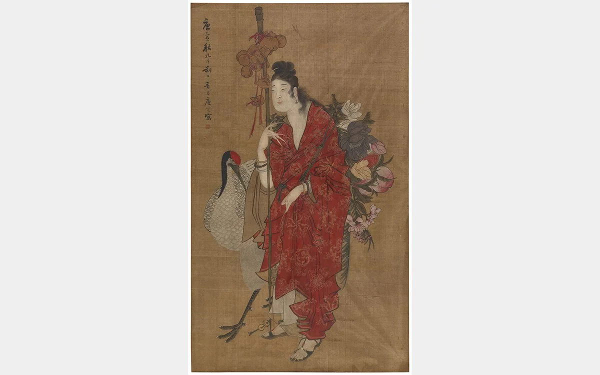   Female Immortal with Crane , China, Ming dynasty (1368–1644), hanging scroll, ink and color on silk, Gift of Dr. Martin Fischer, 1957.383  Conservation: Originally glued to a board, this painting has been removed, cleaned, and remounted as a hangin