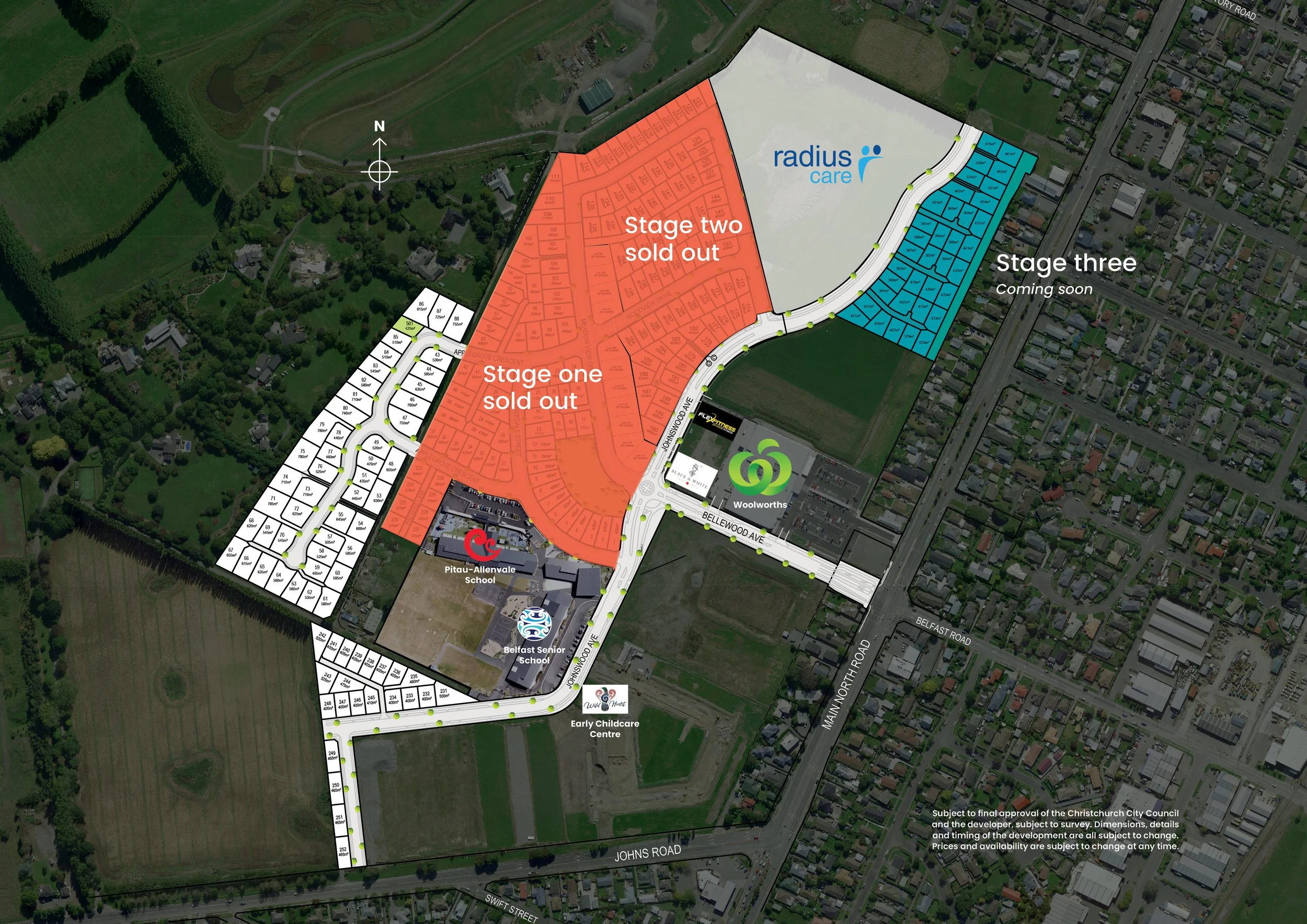 A map showing land plots for sale with some marked as sold out, labelled stages, and nearby landmarks including a school, childcare center, and a shopping store. Streets and surrounding areas are also visible.