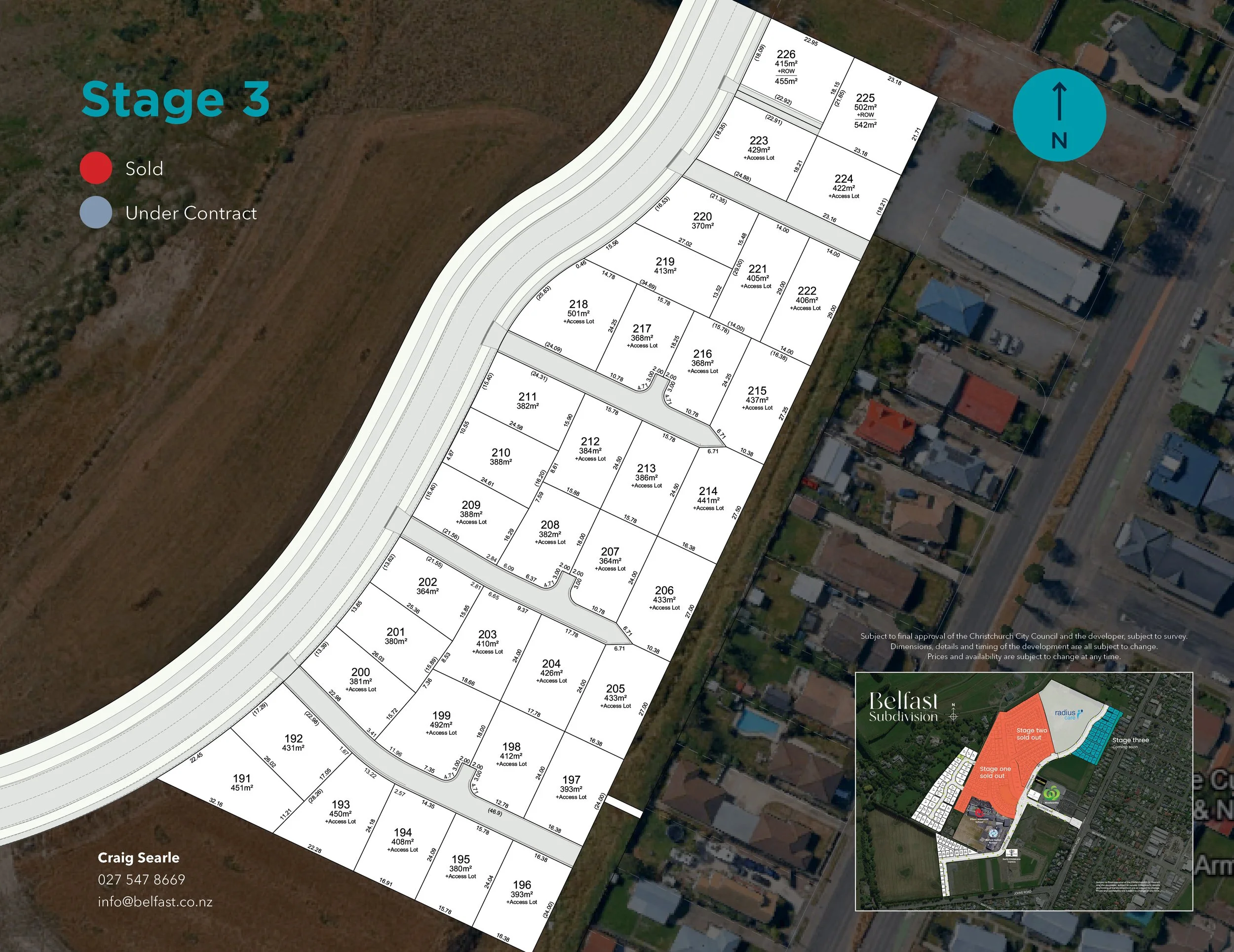 Aerial view of a subdivision development map showing numbered lots with measurements, streets, and stage labels indicating sold and under-contract lots. There is an inset map of the entire subdivision in the bottom right corner.