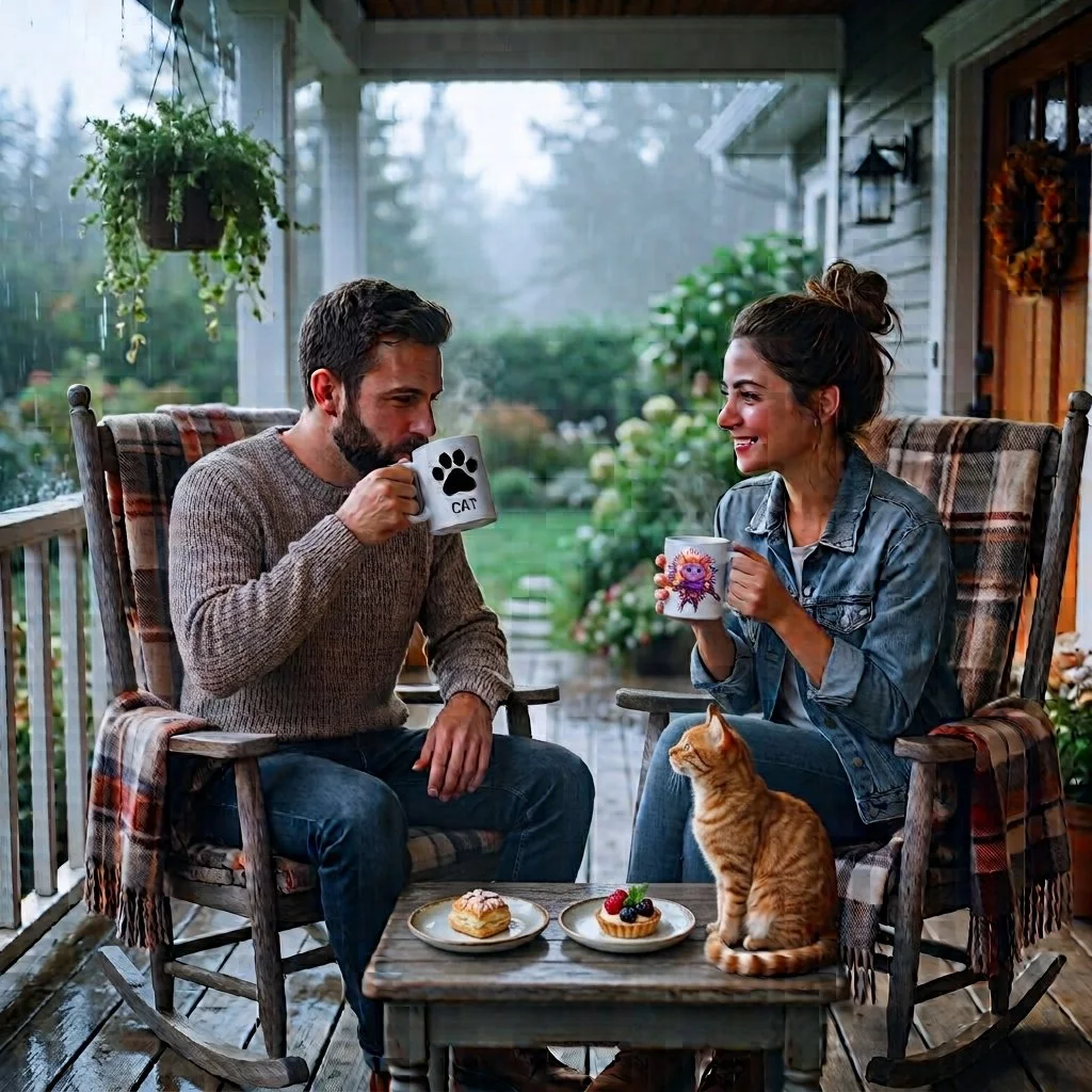 A man and woman sit on a porch with a cat, enjoying coffee and pastries on a rainy day surrounded by greenery.