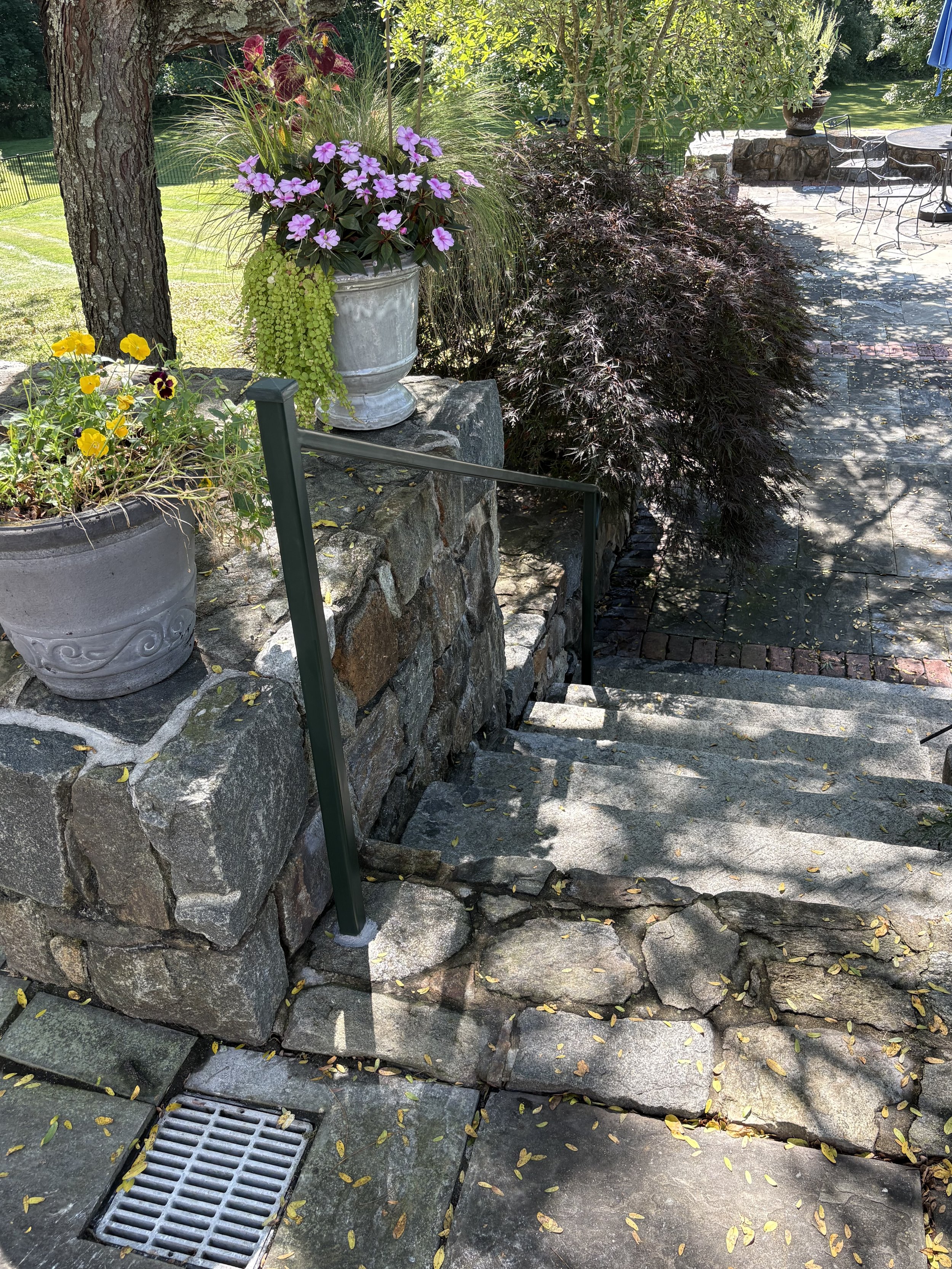 A backyard patio area with stone stairs leading down to a paved stone surface. There are potted plants with flowers and hanging plants, and a table with chairs in the background. Fallen leaves are scattered on the stairs and ground.