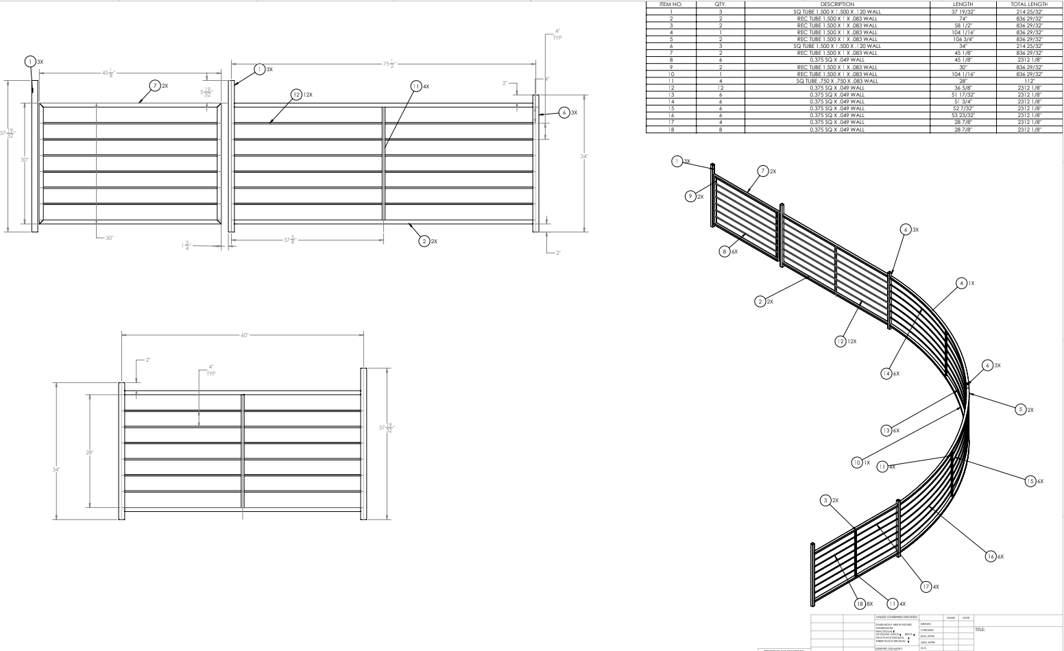 Technical drawing of a curved steel railing with detailed measurements, part labels, and specifications in a blueprint style.